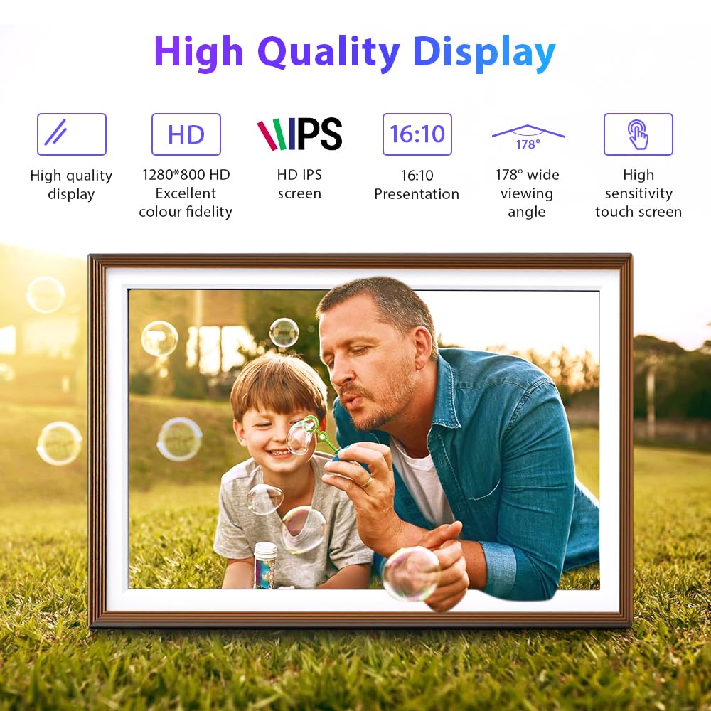 Cadre Photo Numérique 32 Go, écran Tactile WiFi 10,1 Pouces, HD 1280 x 800 IPS, Rotation Automatique, Partage De Photos à Tout Moment et en Tout Lieu Via l'application Frameo/Uhale, Bronze