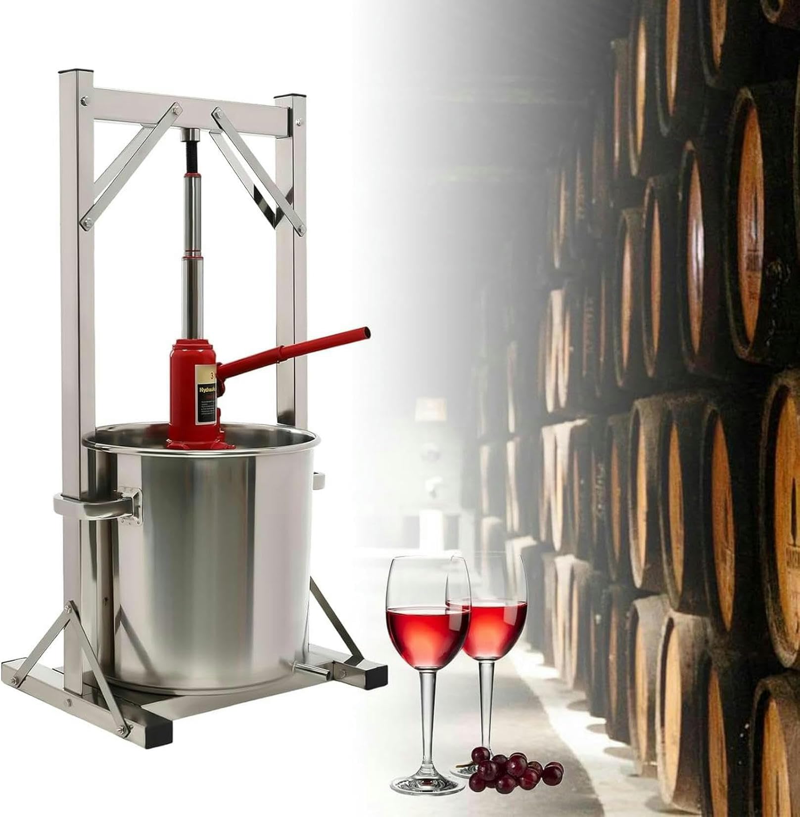 22L/5,8GAL Kapazität Master Fruit Apfel- und Weinpresse, manuelle Edelstahl-Apfel- und Weinpresse mit Hydraulik für Apfelwein, Zubehör und Ausrüstung zur Weinherstellung~/