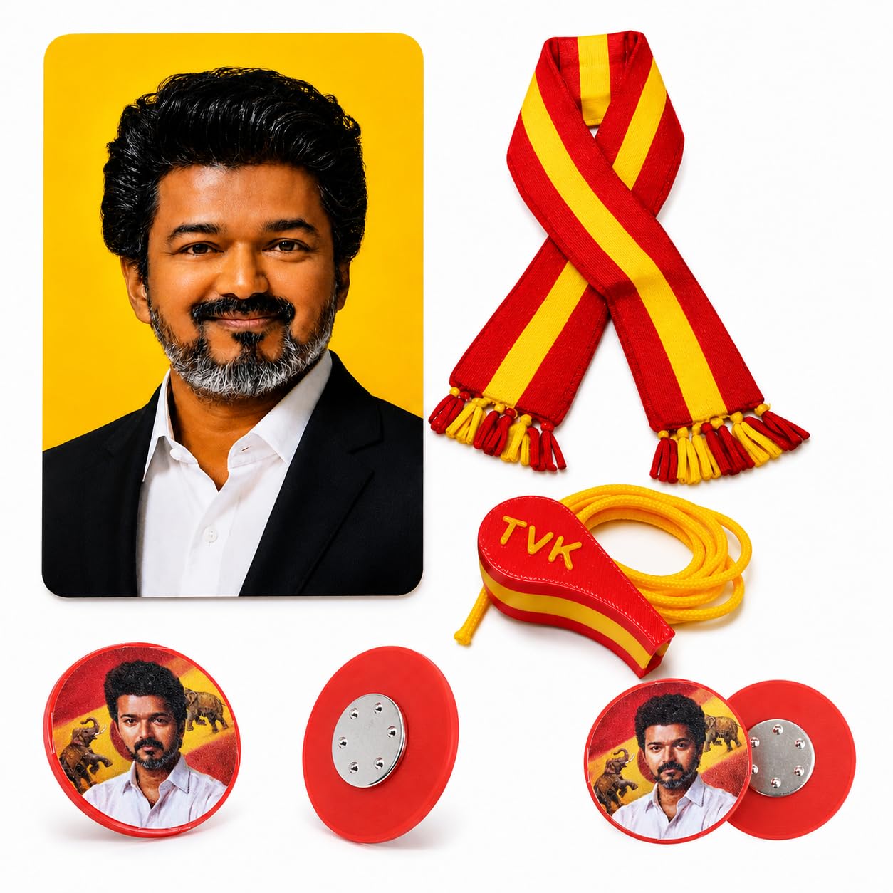 CM Vijay TVK Combo Pack, PVC Waterproof Photo Card, Red and Yellow Muffler Scarf, TVK Whistle with Lanyard, Round Magnetic Badge