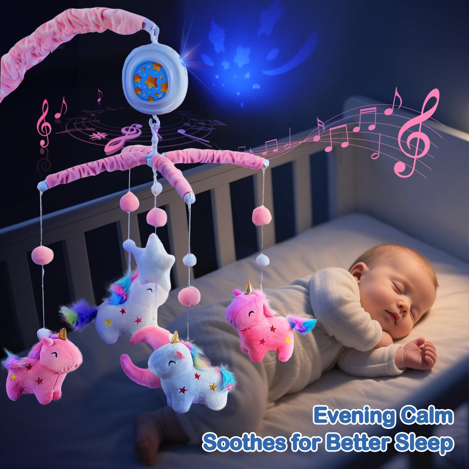 Unicorn Baby Crib Mobile for Girls with Music Box (100+ Lullabies), Rotating Plush Crib Toys for Newborns Infant, Baby Shower Gift - Image 3