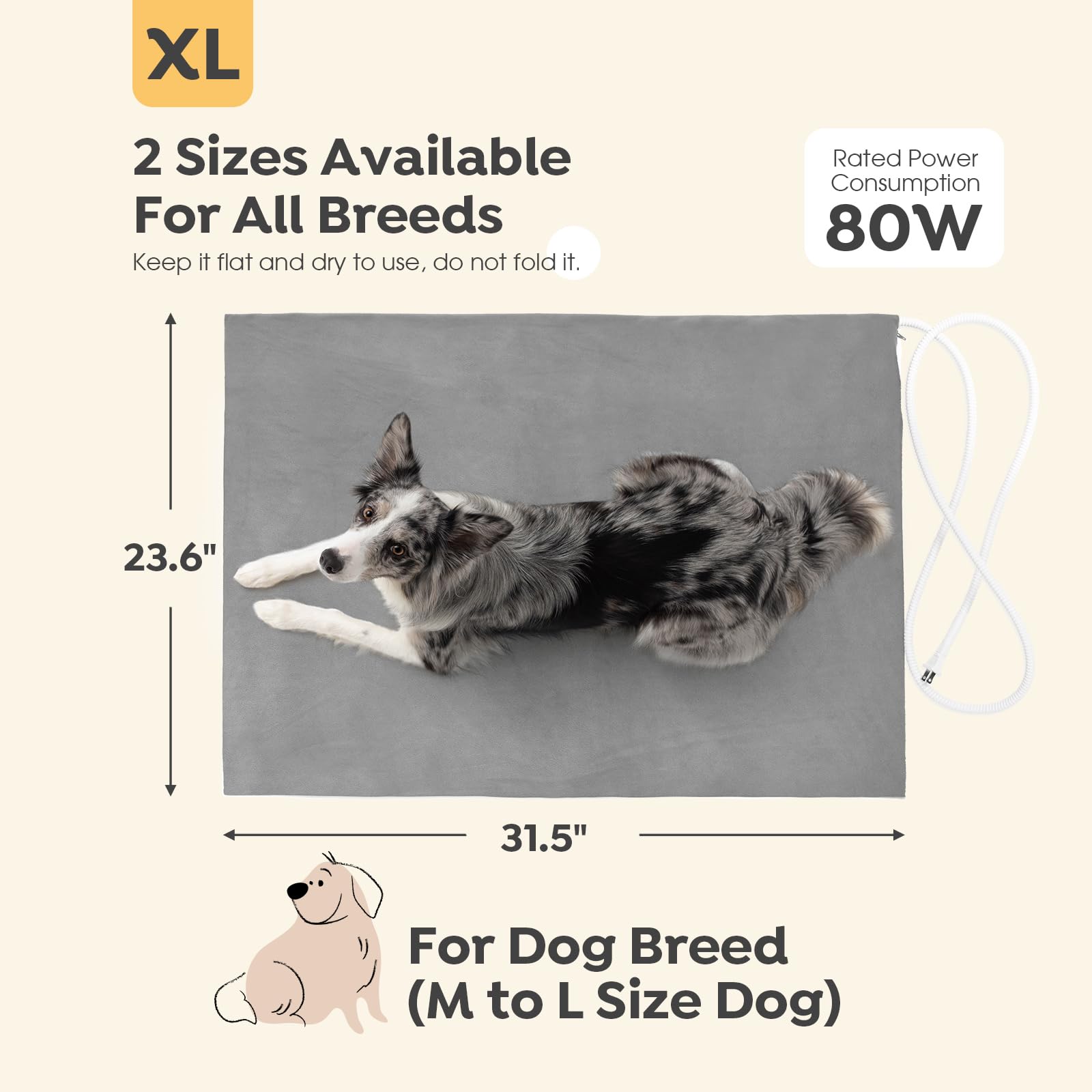 Veehoo Almohadilla Térmica para Mascotas, 35℃~43℃ Manta Eléctrica para Perros Gatos Interior Eléctrica para Perros Gatos Impermeable con Cable Antimordeduras Cubierta de Franela Removible, 60 x 80cm