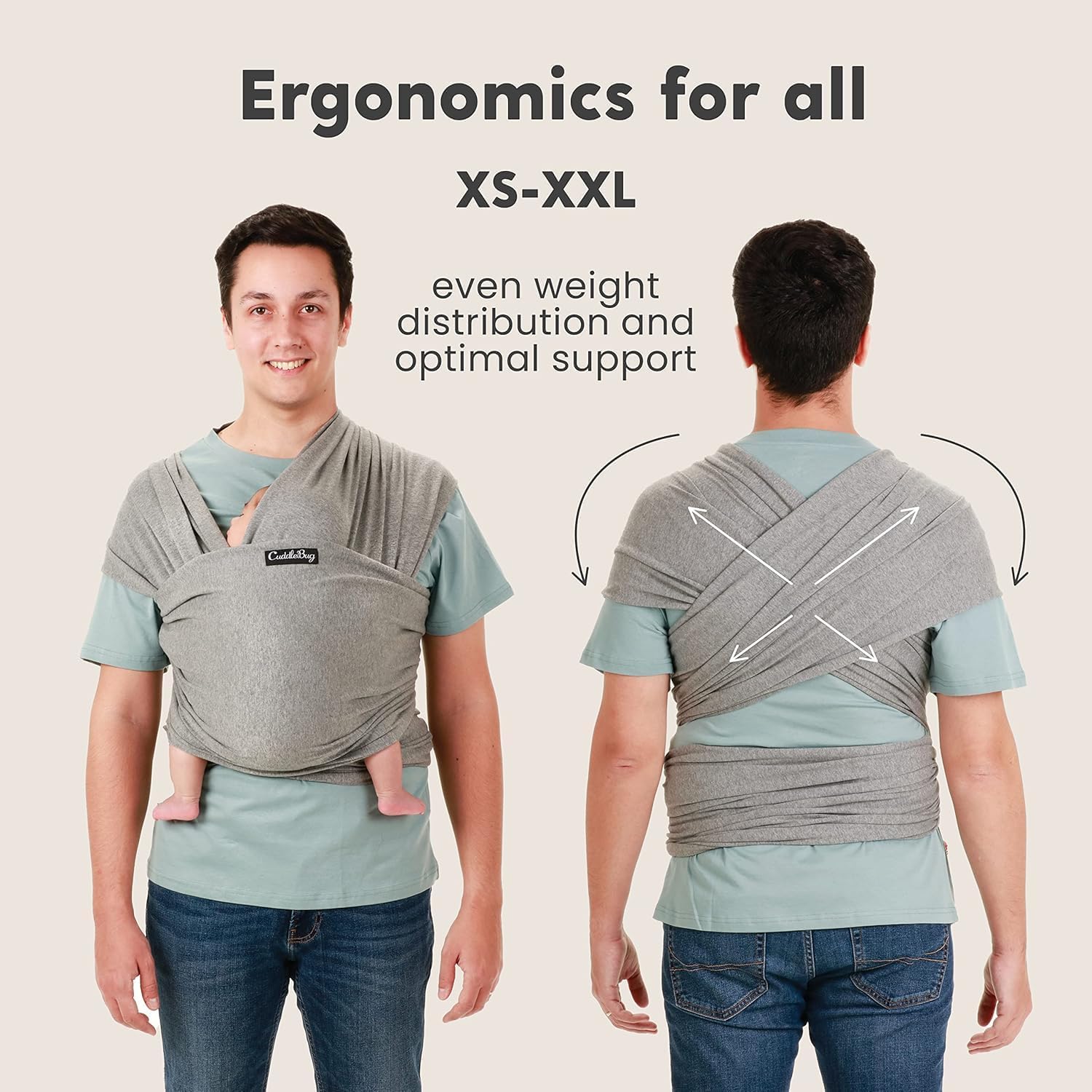 71y9Cov9gNL._AC_SL1500_ CuddleBug Baby Wrap - Hands-Free Baby Wrap Carrier - Soft & Stretchy Wrap - Baby Carrier Newborn to Toddler 7-35 lbs - One-Size-Fits-All Baby Holder Wrap - Hip-Healthy Baby Wrap Sling (Grey)