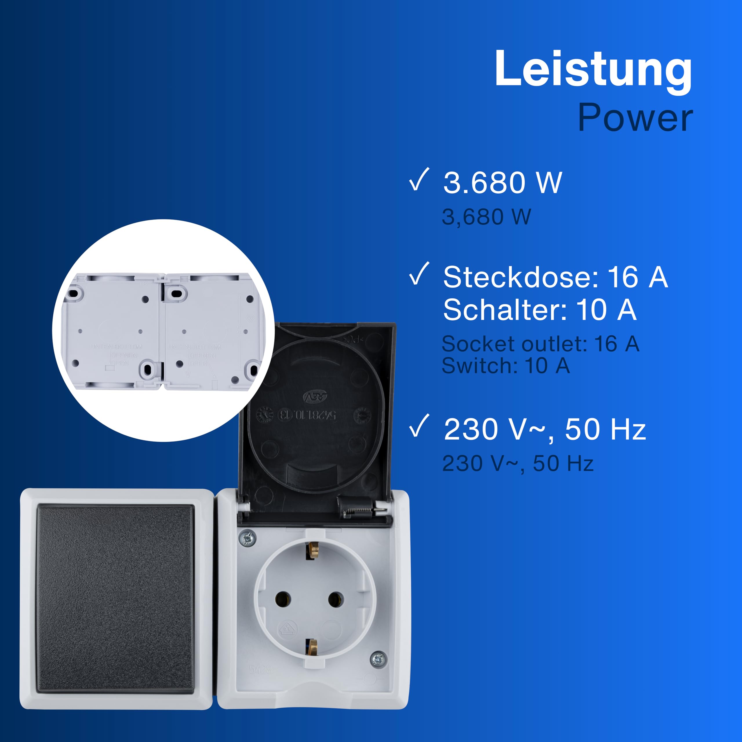 Rev Ritter 0510231777, Presa elettrica con interruttore deviatore, IP44, montaggio soprapiano