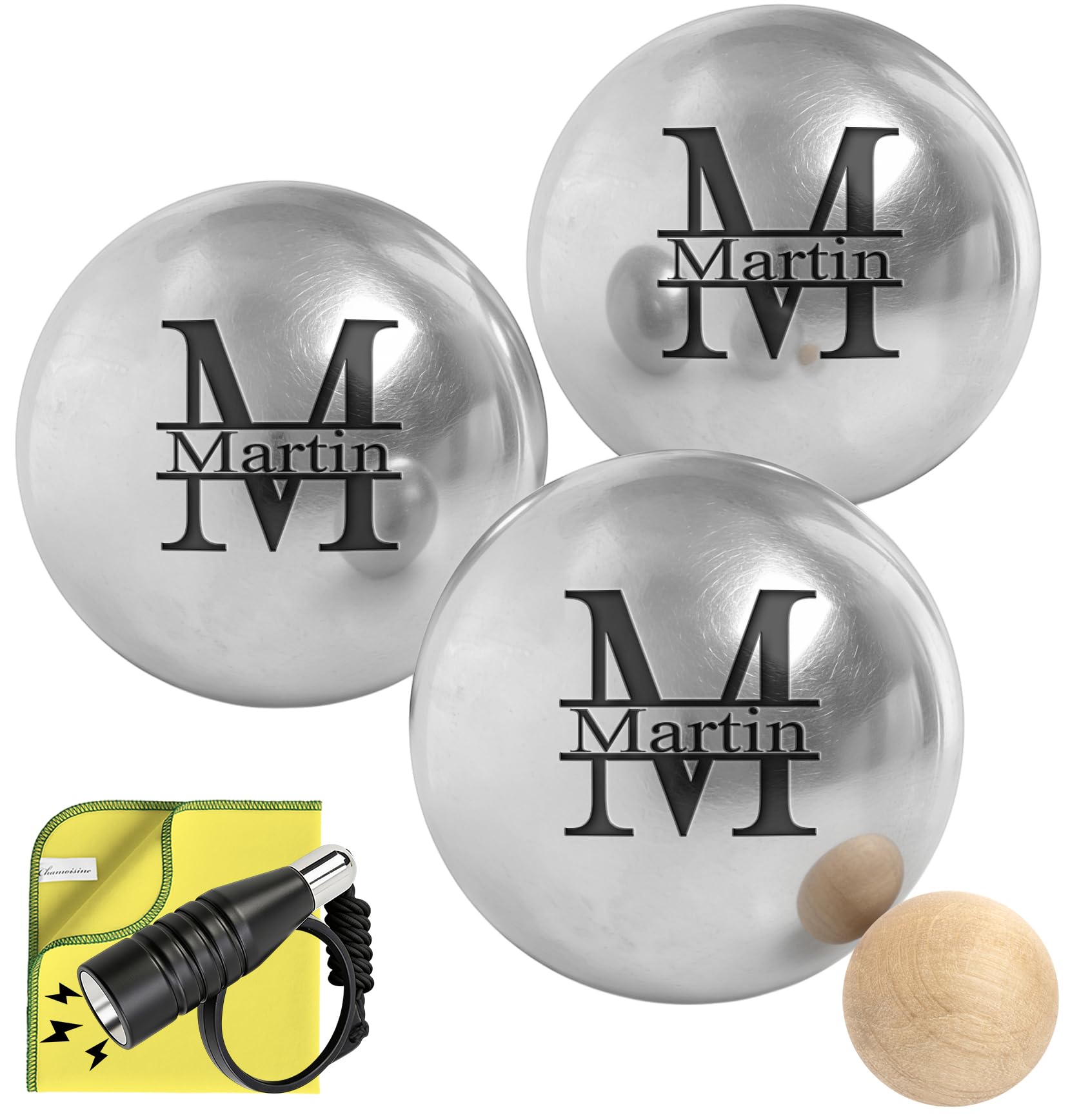 KDO MAGIC - Boule de pétanque personnalisée - Triplette 550g gravée - Pétanque Personnalisable - Lot de 3 Boules et 1 cochonnet - Idée Cadeau