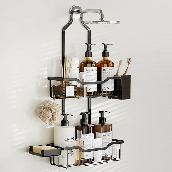 THKVESN Shower Caddy Hanging 2-Tier Bathroom Organizer for Tall Showerhead with Soap Dish and Toothbrush Holder,Rustproof Over Shower Head Rack,Black