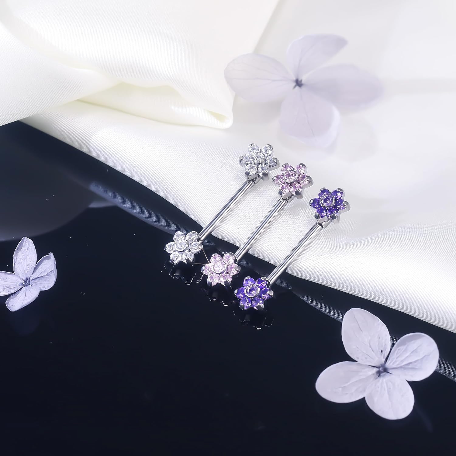 Ruifan Titanium Internally Threaded Nipple Piercing Jewelry Ring Seven CZ Opal Flower Tongue Rings Straight Barbell Body Piercing Jewelry for Women Men 14G 14MM With Straight Piercing Taper - Image 6