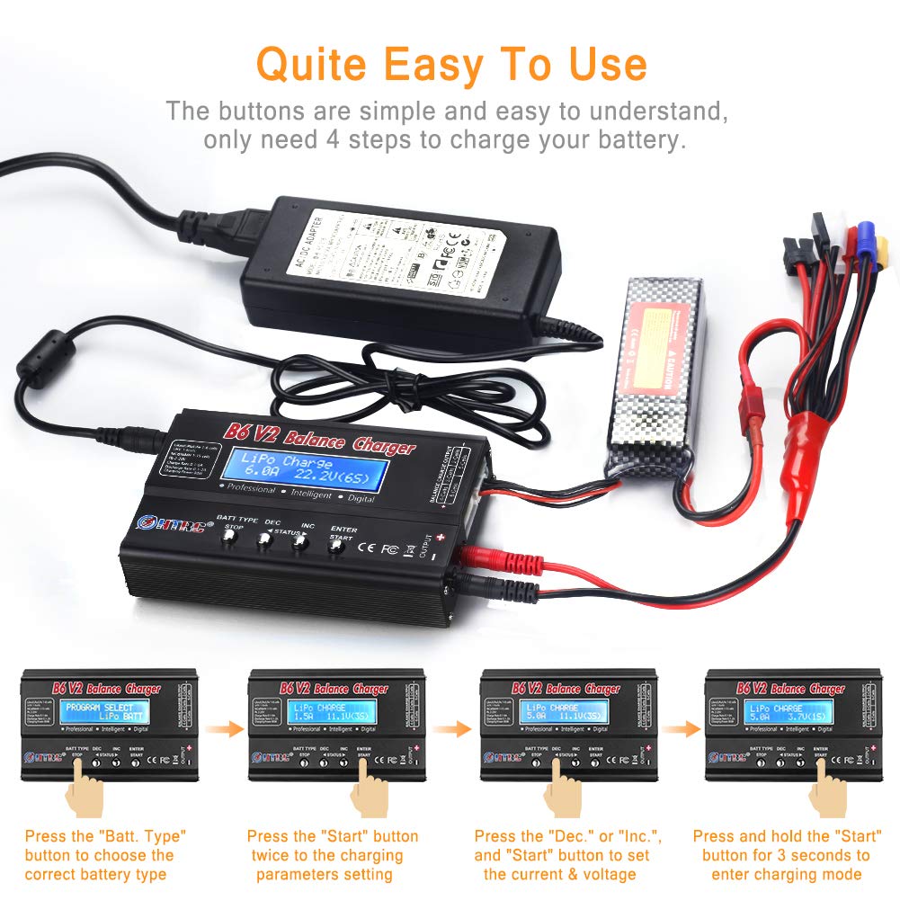 Haisito Caricabatterie LiPo Balance, Caricatore Pacco Batteria 1S-6S Digitale 80W 6A Connettori Deans + Alimentatore