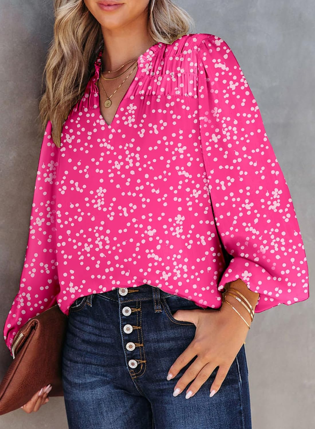 BLENCOT Women's Casual Boho Floral Print Chiffon Blouses Smocked V Neck Long Sleeve Loose Tops Shirts - Image 7