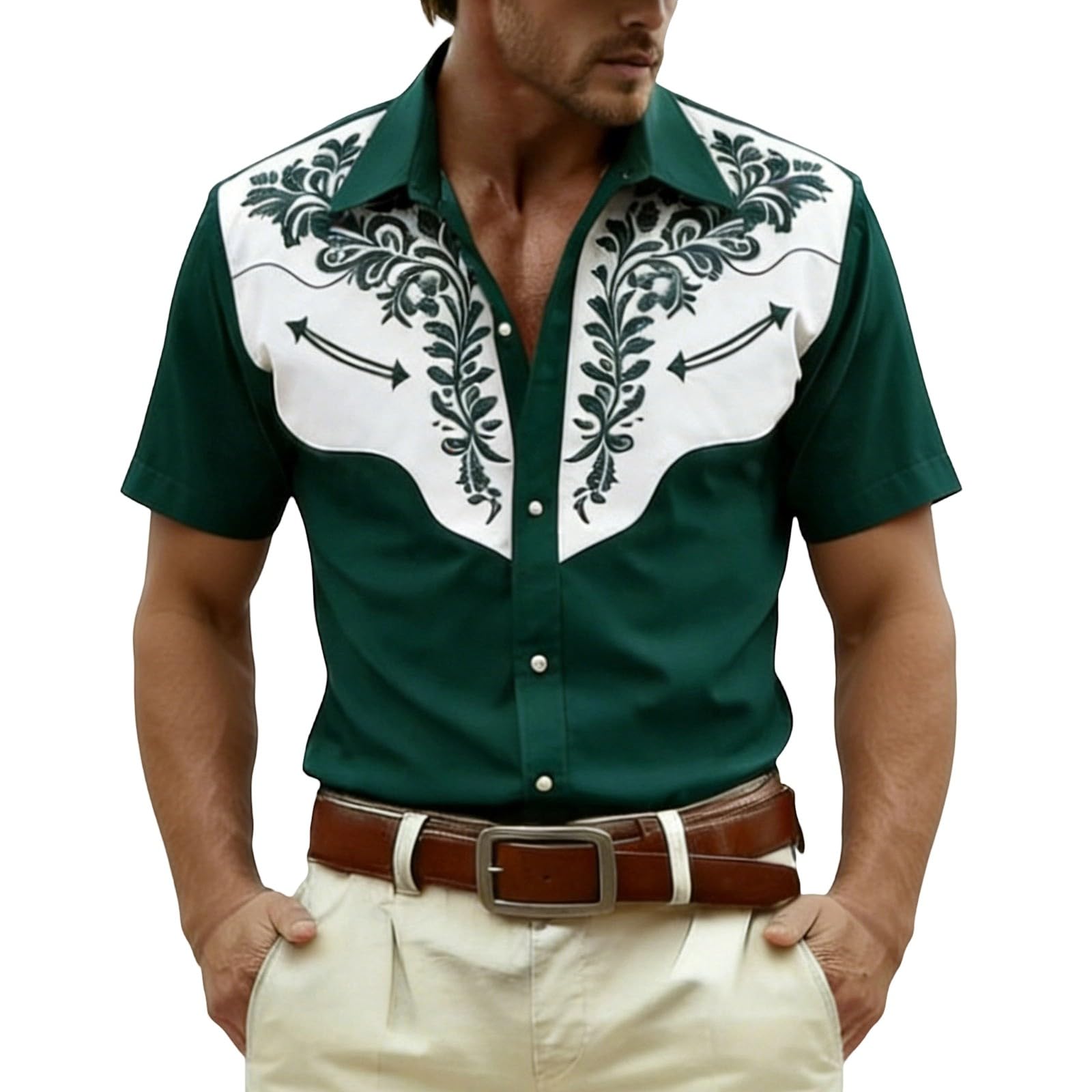 Cowboy Shirt Men's Western Shirts Cowboy Costume Men Western Shirts Western Cowboy Shirt Snap Embroidery Shirts Lapel Collar Classic Casual Shirt for Carnival Party Outfit, O Dark Green, XXXL