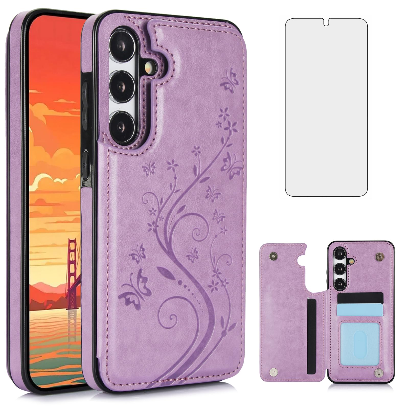 Asuwish Phone Case for Samsung Galaxy S24 5G with Tempered Glass Screen Protector Card Holder Wallet Cover Stand Flip Leather Cell Accessories Glaxay S 24 24S GS24 G5 2024, 6.2 inch Women Men Purple
