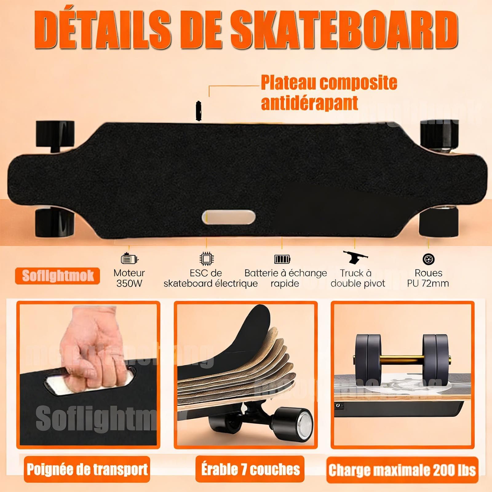 Planche Électrique Tout-Terrain 350W 25km/h Autonomie 15km Deck 7-Ply Érable 90kg Télécommande 4 Vitesses