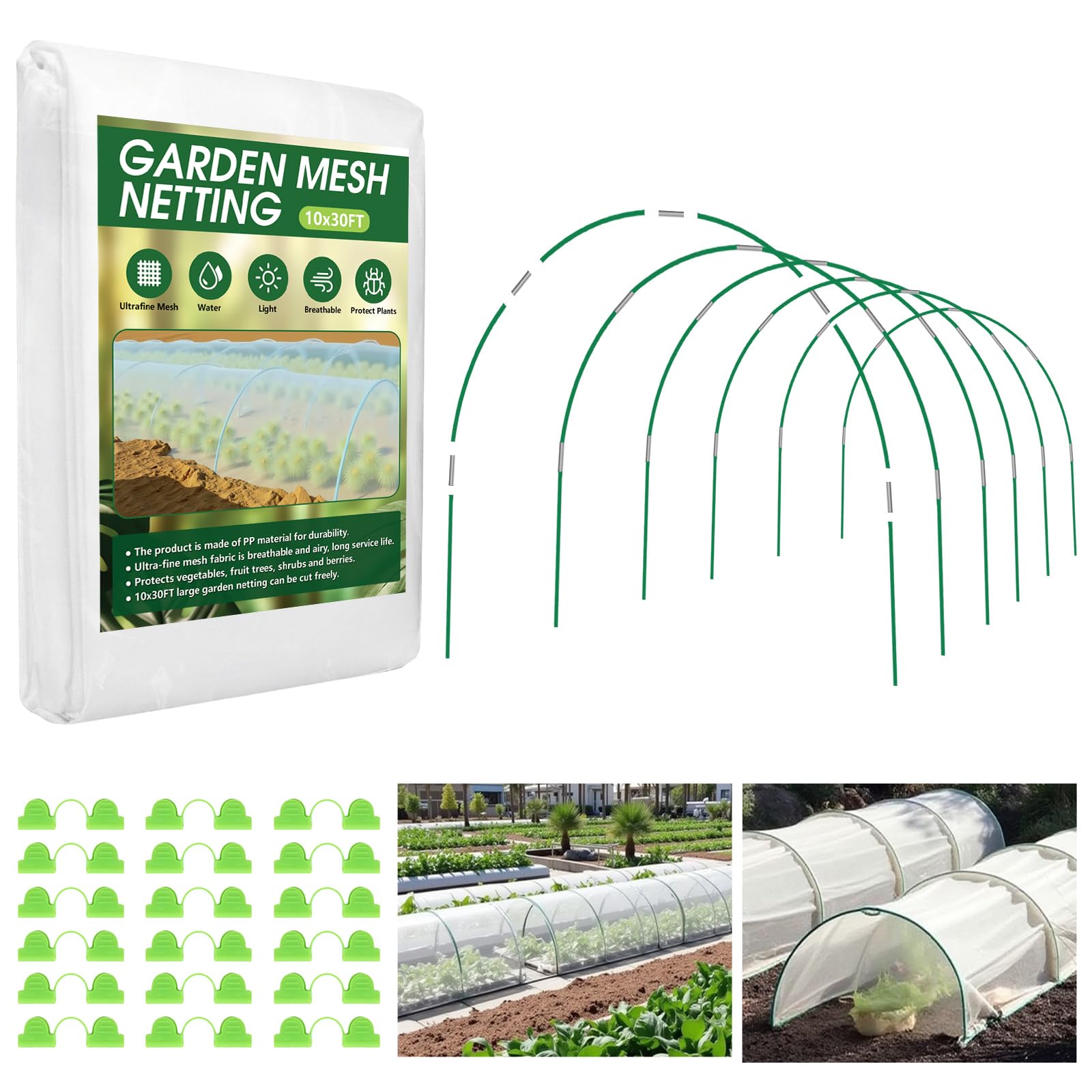 Garden Netting Kit for Raised Beds, 10x30FT Ultra Fine Mesh Netting& 6 Sets of 8FT Fiberglass Garden Hoops, Bird Barrier Protection Net Vegetable Plant Cover Fruit Flowers Row Cover