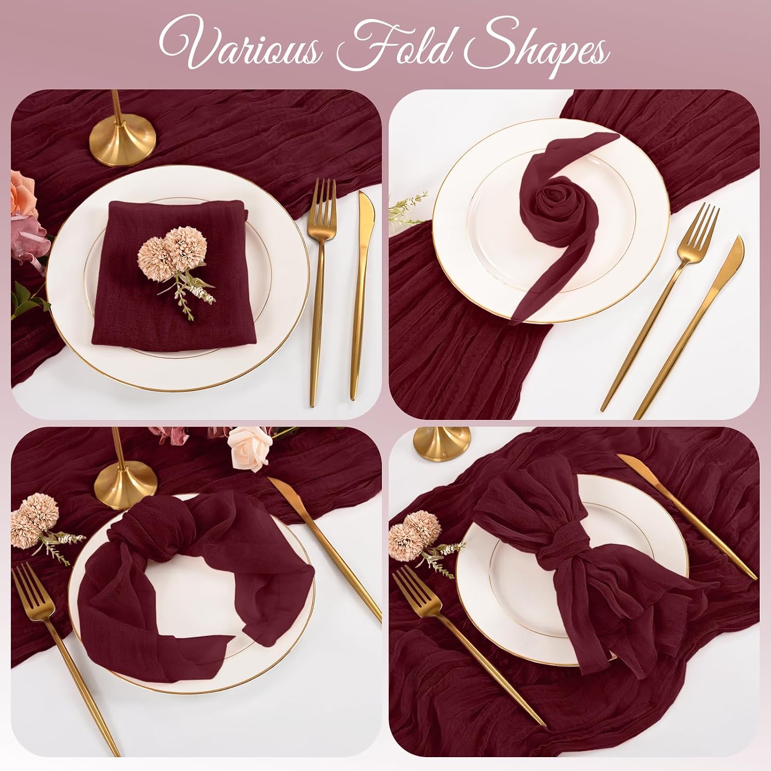 100 Pack Burgundy Napkins Cheesecloth Napkins 20x20 Inch Rustic Boho Gauze Napkin Cloth Bulk Washable Dinner Table Napkin for Wedding Party Bridal Baby Shower Table Decor(Burgundy)