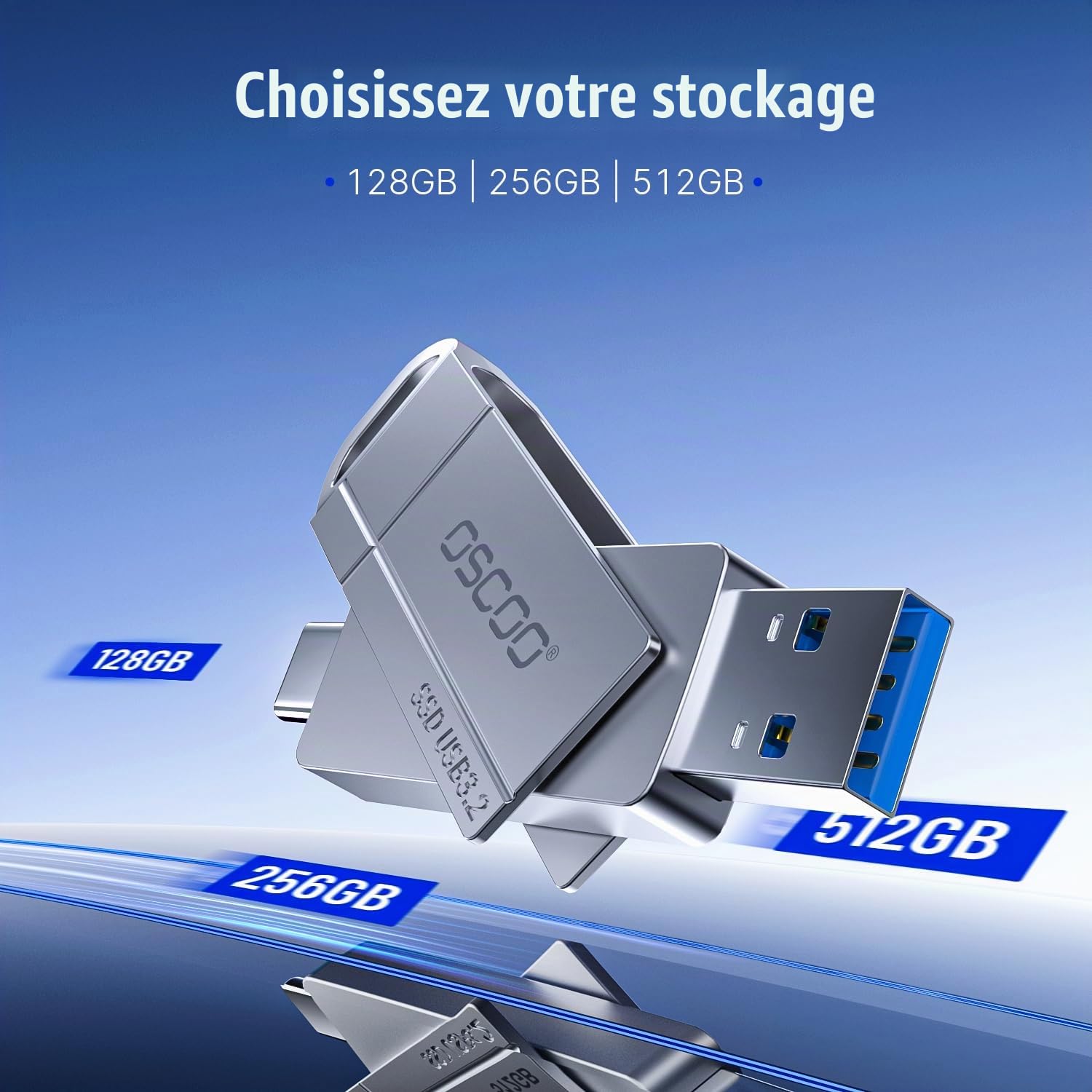 256Go Dual SSD USB Flash Drive,USB-A USB-C 550Mo / s Clé USB,Métal Pivotant