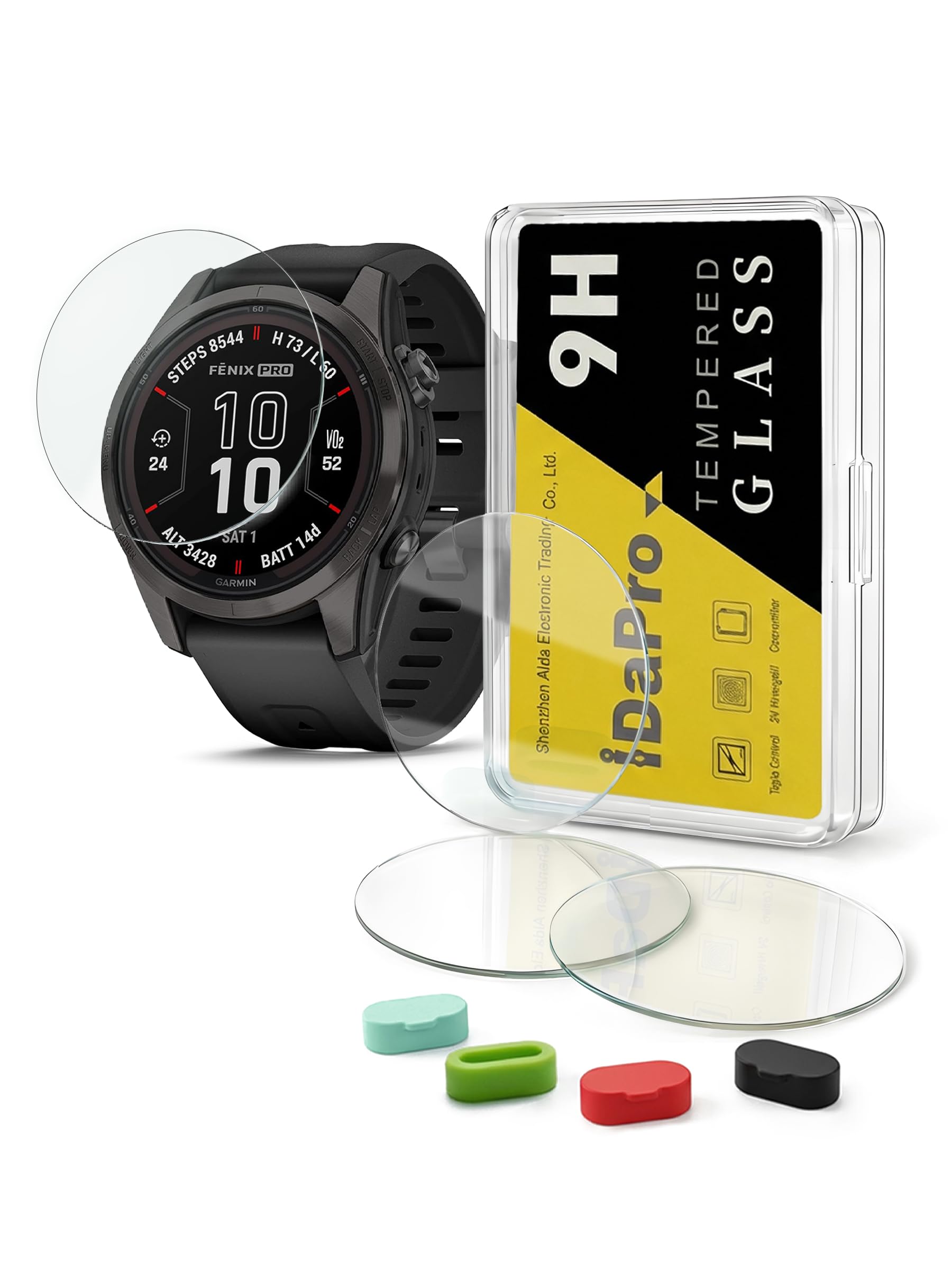 Pack of 4 Tempered Glass Screen Protectors for Garmin Fenix 7S Solar/7S/7S Sapphire Solar + 0.3 mm Anti-Dust Silicone Plugs 9H Hardness Screen Protector