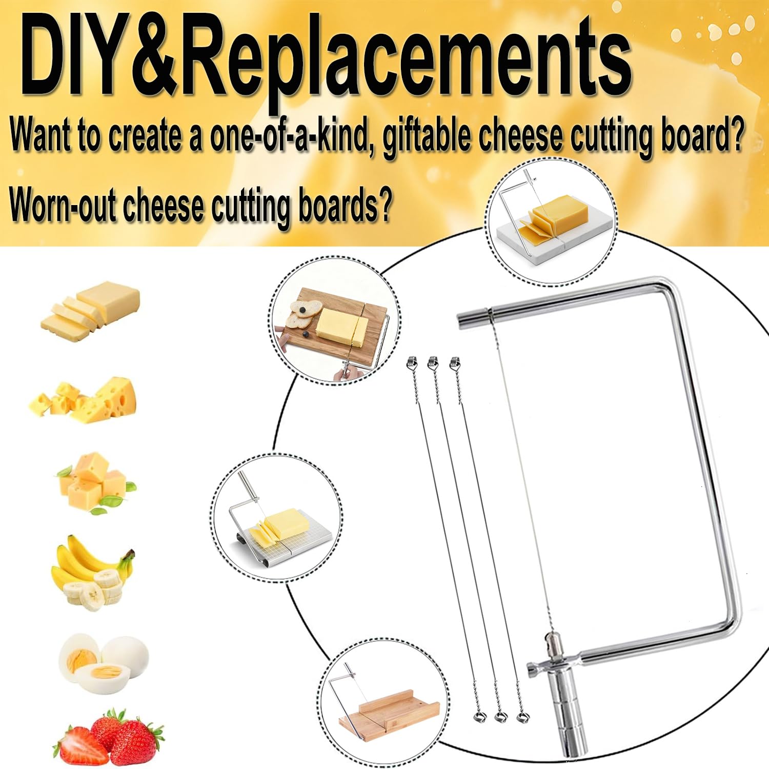 Kit de rebanadora de queso de acero inoxidable, accesorios de tabla de cortar de mármol con cuchillo y herrajes de 7 pulgadas, regalo perfecto para los amantes del queso y el entretenimiento