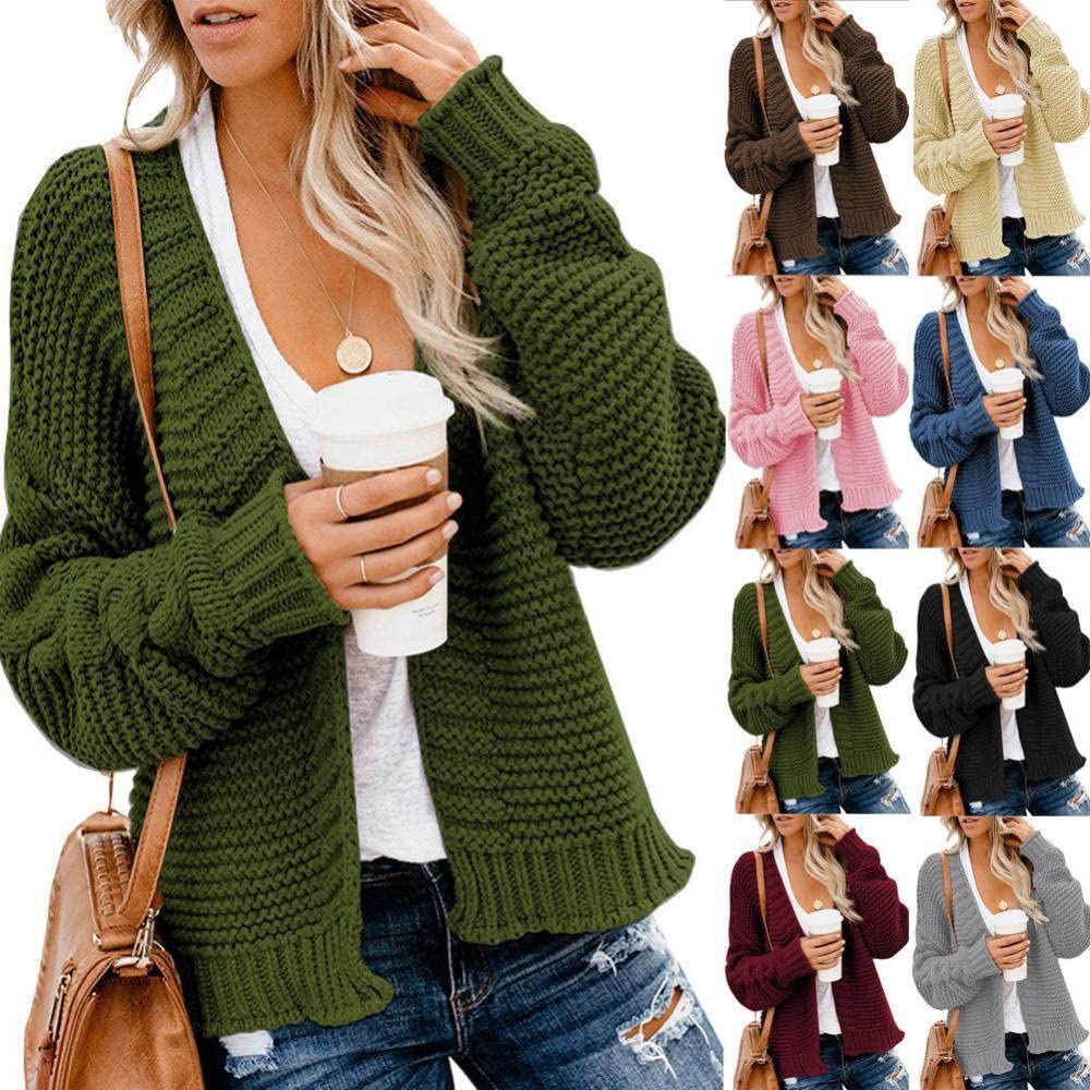 HGJH Damen Strickjacke,Damen-Strickpullover Vorne Offen Cardigan V-Ausschnitt Zopfmuster Kimono Grobstrick Einfarbig Braun Cardigan Weich Elegante Leichte Herbstjacke Für Lässiges Business