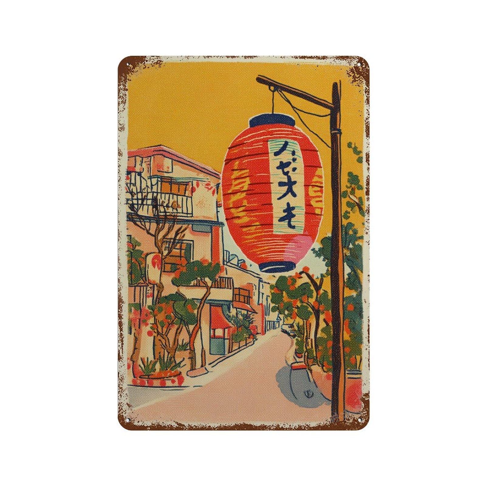 xiaoxiaoshen Japanese Lantern Street Asian City Red Paper Minimal Urban Wall Decor Art Metal Tin Poster Modern Home Decor Art Home Bar Shop Decorations Vintage Sign 30x20cm