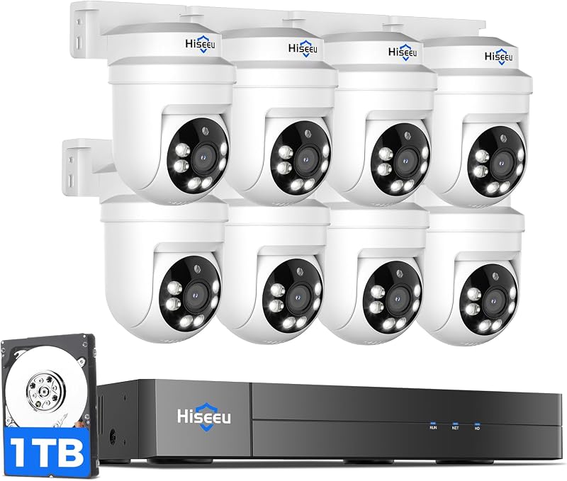 Sistema de cámaras de seguridad con cable Hiseeu 3K PTZ para exteriores con cámaras 8PCS | Visión nocturna en color inteligente, audio, detección de persona/vehículo, cobertura de 360°, DVR de 5 MP, 8 canales, disco duro de 1 TB