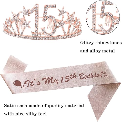 Miniatura 2 de Kit de banda y tiara de cumpleaños número 15 para niña, corona de diamantes de imitación, tiara de cristal rosa, suministros y decoraciones para