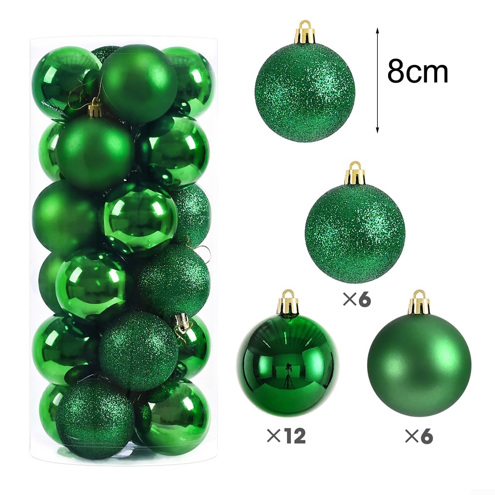 Juego de 24 bolas de decoración de Navidad con purpurina para árbol de Navidad y centros de mesa (verde)