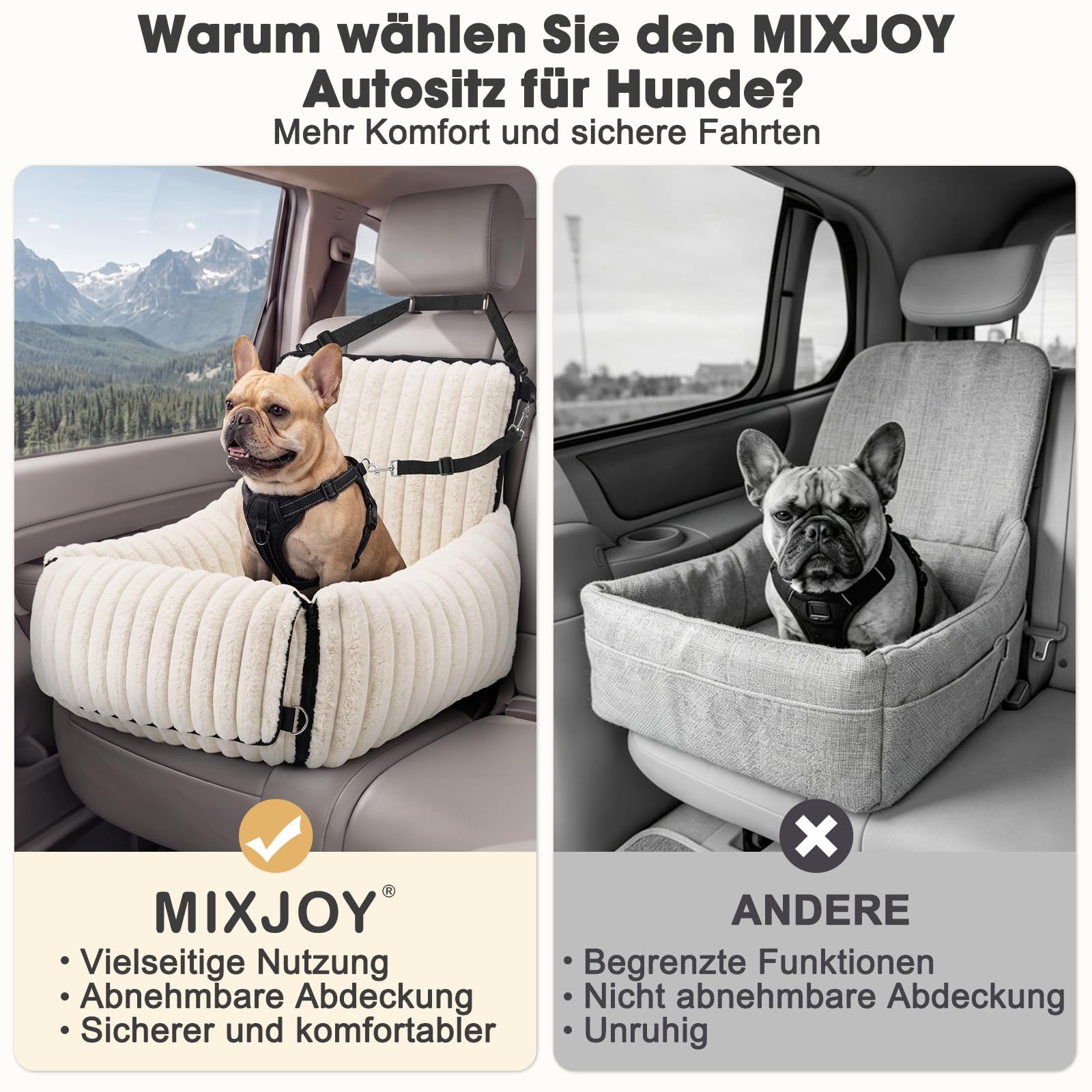 MIXJOY Fotelik samochodowy dla małych i średnich psów, nadająca się do prania, przypinana smycz z pogrubionym wypełnieniem z pianki z pamięcią kształtu, legowisko samochodowe na tylne siedzenie, kolor