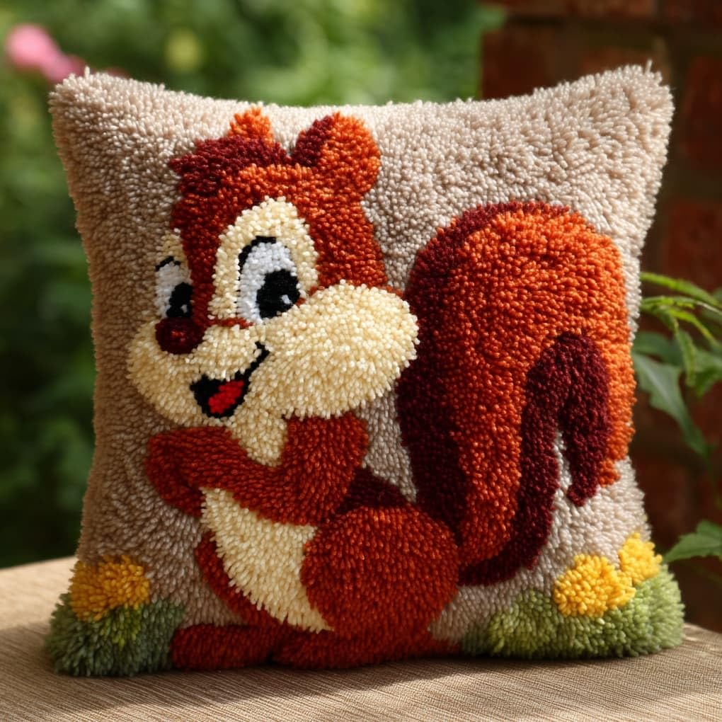 Henypt DIY Latch Hook Cushion Kit,Smiling Squirrel 43x43cm Sofa Pillow Cover Making Set,Premium Yarn & Printed Canvas with Clear Instructions