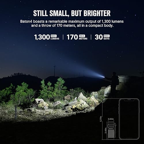 Miniatura 3 de OLIGHT Baton4 Linterna EDC recargable, linterna LED de bolsillo de 1300 lúmenes con cable de carga magnético, pequeña linterna brillante potente