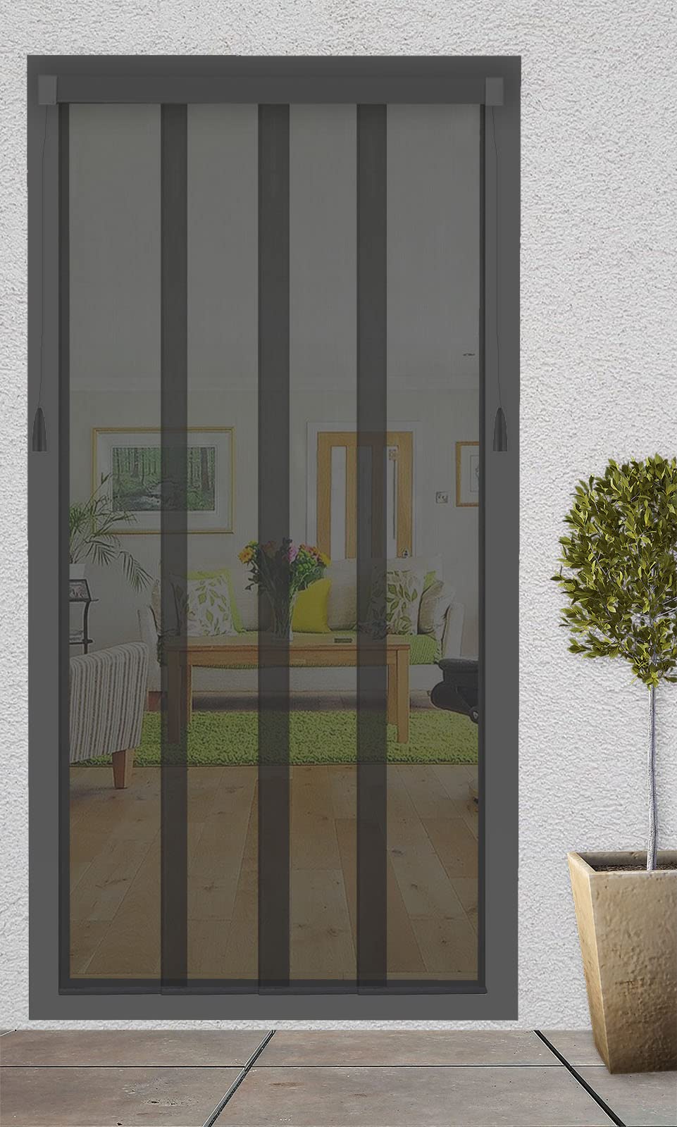 APANA - Premium Fiberglas Lamellenvorhang mit Seilzugsystem in der Farbe schwarz - Insektenschutz zum Zuschneiden für Türen bis 114cm x 220cm