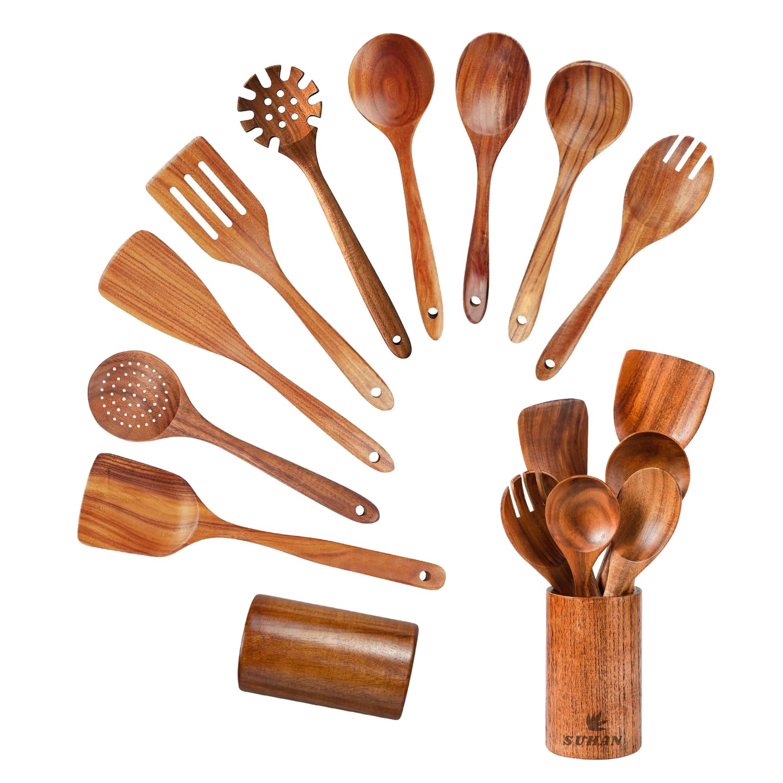 SUHAN Juego de utensilios de cocina de madera, 10 cucharas de cocina de madera de teca
