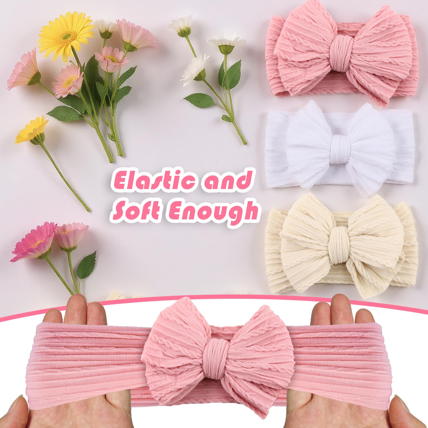 3 Pcs Baby Headband, Soft Baby Bows Headbands for Girls Newborn Hair Accessories (Dark Pink, White, Beige) - Image 3