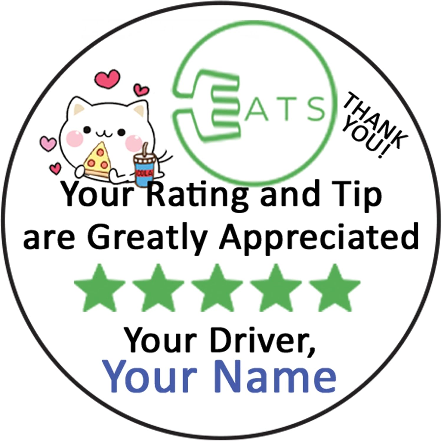 Customized with Personalized Name Thank You Stickers Round Label Stickers Eats for Food Delivery Drivers (2 inch 180 (3 Sets))