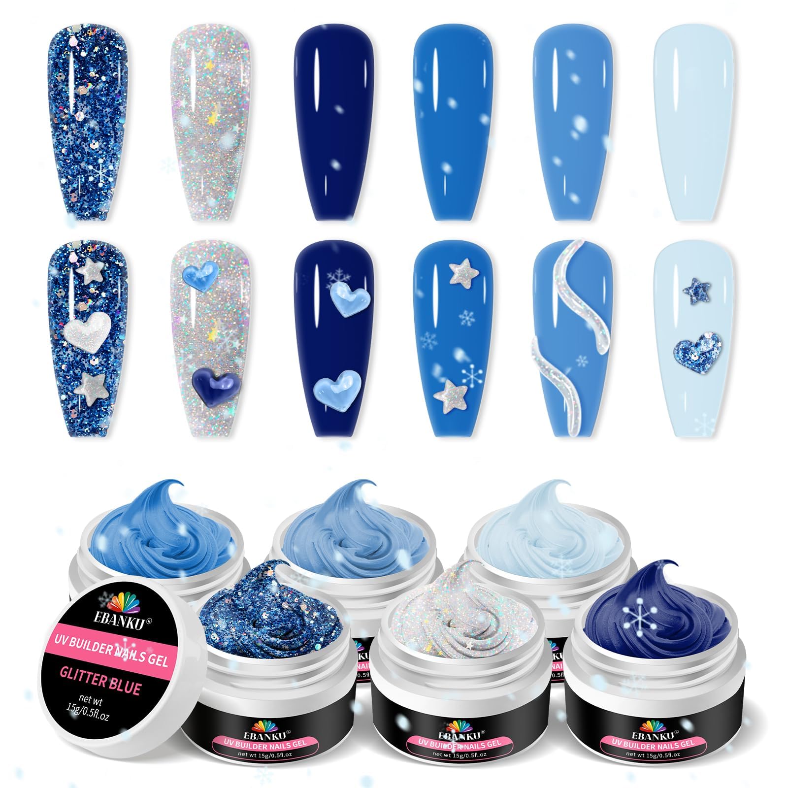 Christmas Solid Builder Gel Kit, EABNKU 6 Colors Solid Builder Gel for Nails Blue Collection Glitter Non Sticky Nail Extension 3D Sculpting for Winter
