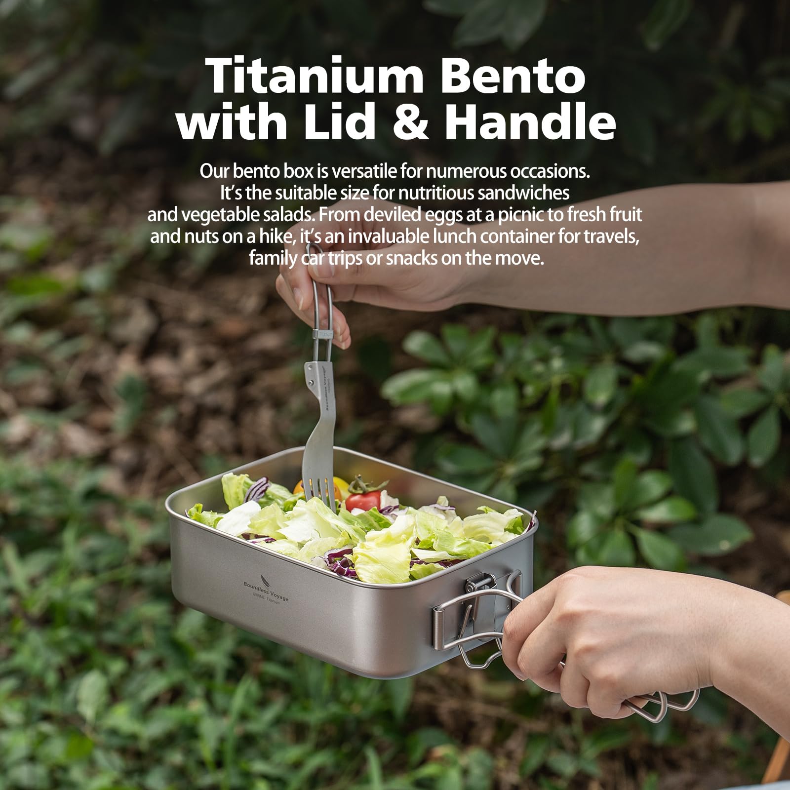 iBasingo Ti2082C - Contenitore per il pranzo in titanio da 1200 ml con coperchio a prova di perdite, manico pieghevole, pentole da campeggio, leggere, per escursioni, picnic e viaggi, contenitore per