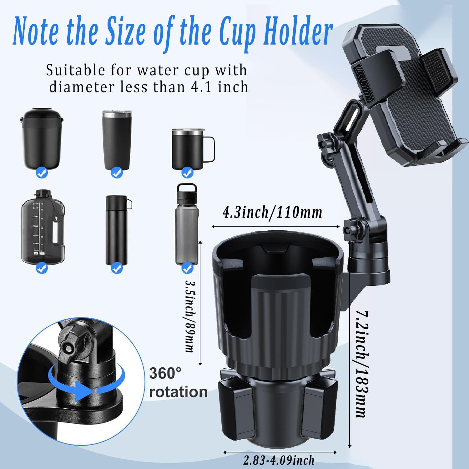 Cup Holder Expander with Phone Mount, Adjustable Cup Holder Cell Phone Car Mount for 16-40oz Tumbler Cup,Cupholder Extender Holder Stanley Cup Car Accessories