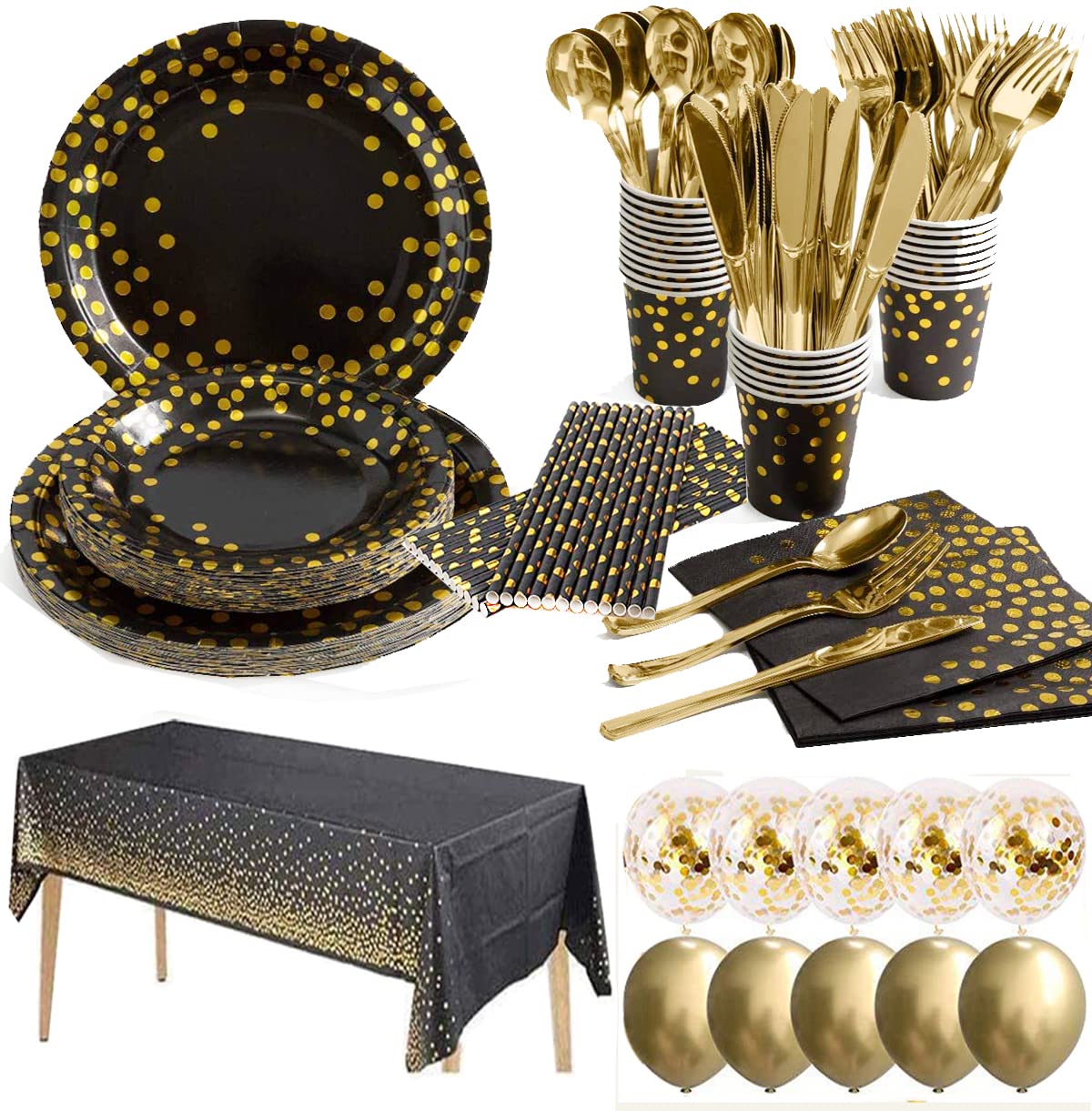 Moonmen Party Supply Set Disposable Tableware with Balloon, Foil Paper Plates Napkins Cups Straws for Weddings, Anniversary, Birthday-10 Guests (Black Serves 10)