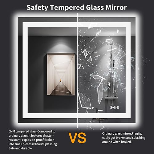 Miniatura 7 de Loaao Espejo de baño LED de 40 x 36 pulgadas, antiniebla, regulable, retroiluminado, luz frontal, de tocador, para pared, función de memoria, vidrio