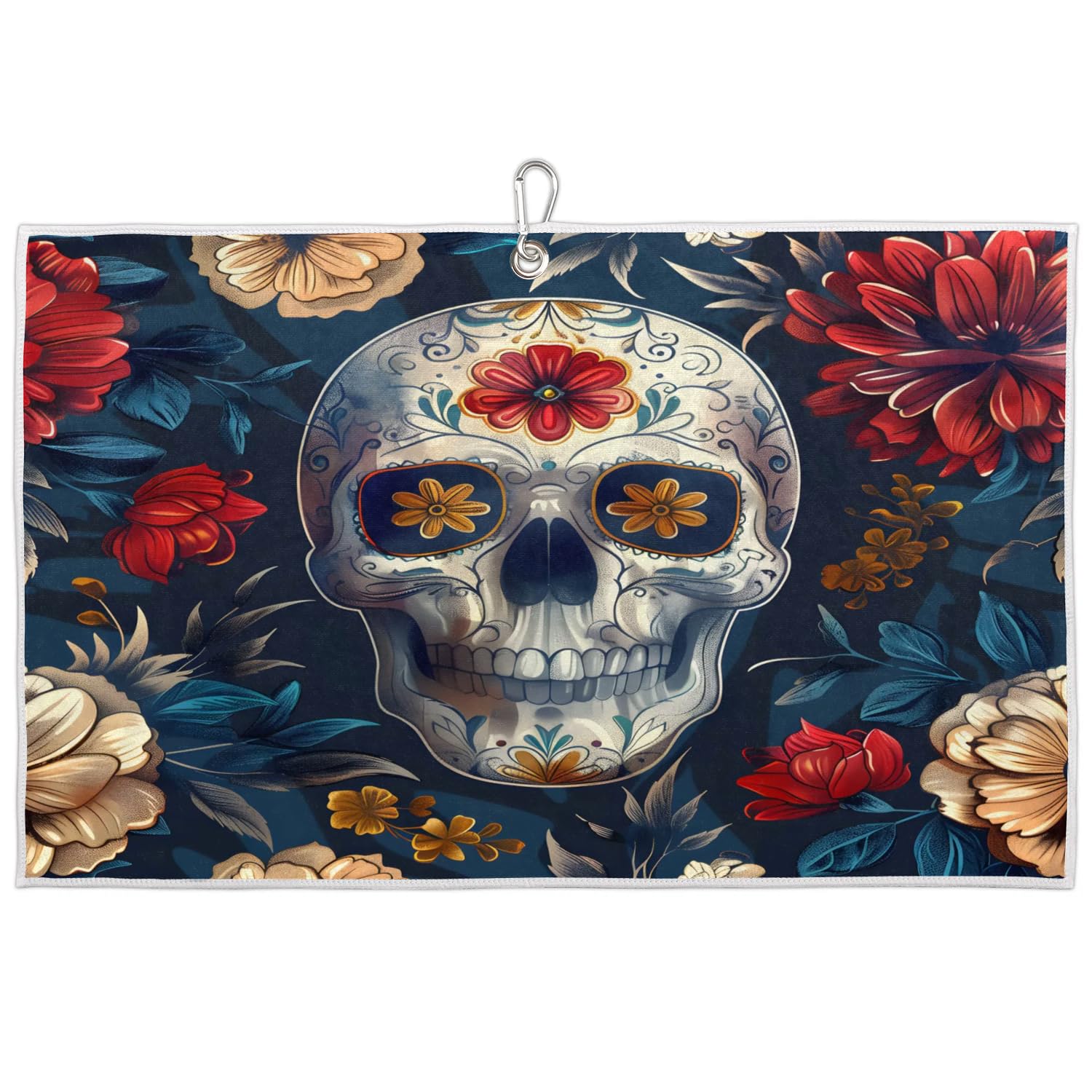 Tablerazzi Sugar Skeleton Golf Towel, Microfiber Mexican Floral Skull Golf Towel with Carabiner Clip for Men and Women Golf Gifts