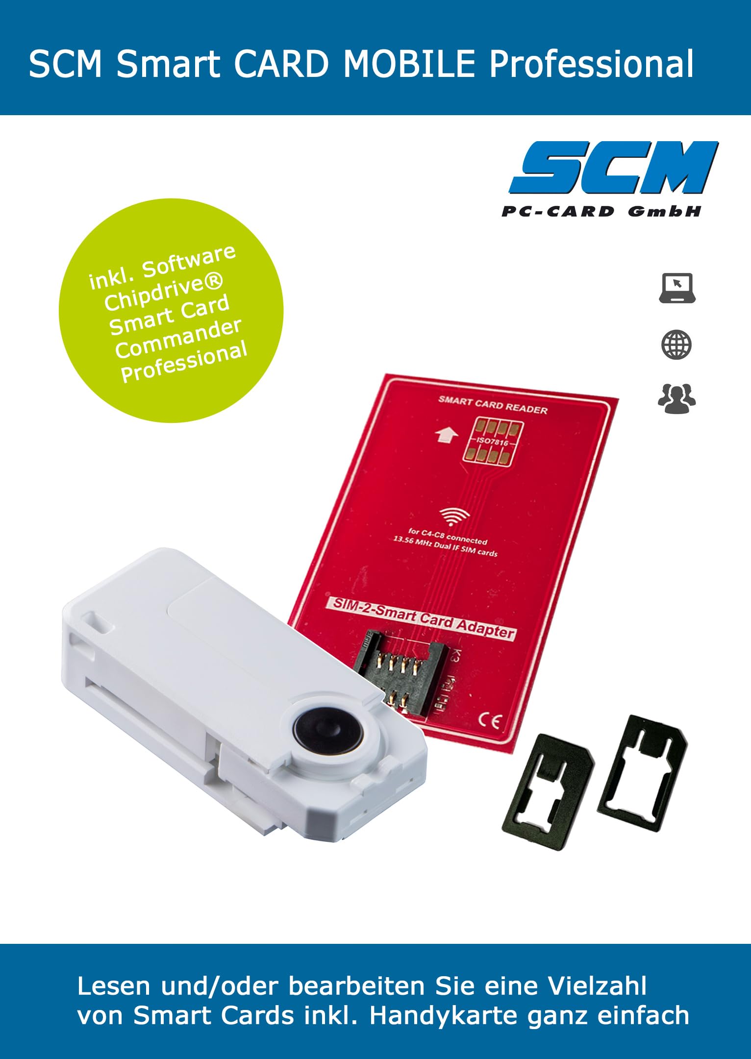 SCM Smart Card Mobile Prof – Kartenleser und Software zum Auslesen der SIM | inkl. Adapter Mini Micro Nano SIM / SIM Karte Handy am PC bearbeiten