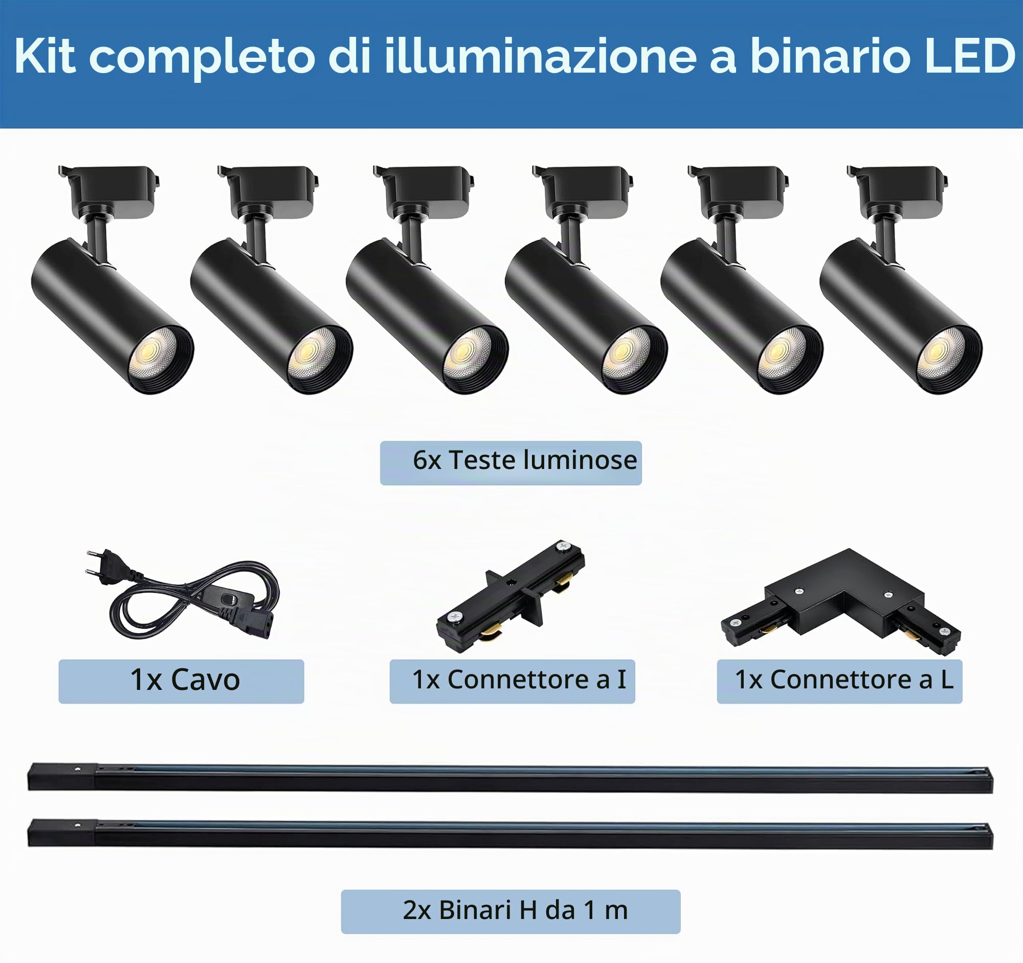 Kit nero di Luci a Binario Teste, 6 Luci Binario Estensibile 2x1m Binario Tipo H, 20 W, 6000 K Bianco Freddo, Faretti a Soffitto