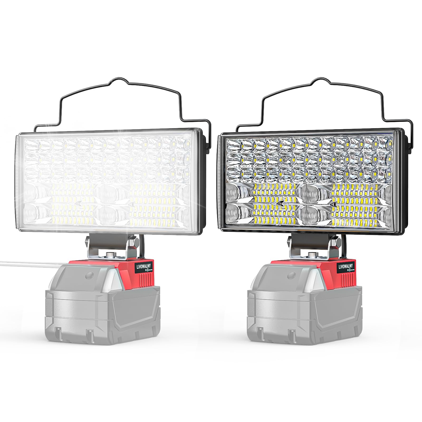 LIVOWALNY 7'' 100W LED Work Light Compatible with Milwaukee Battery, 2PCS 10000LM Portable Flashlight with USB & Type-C Output Port, Low Voltage
