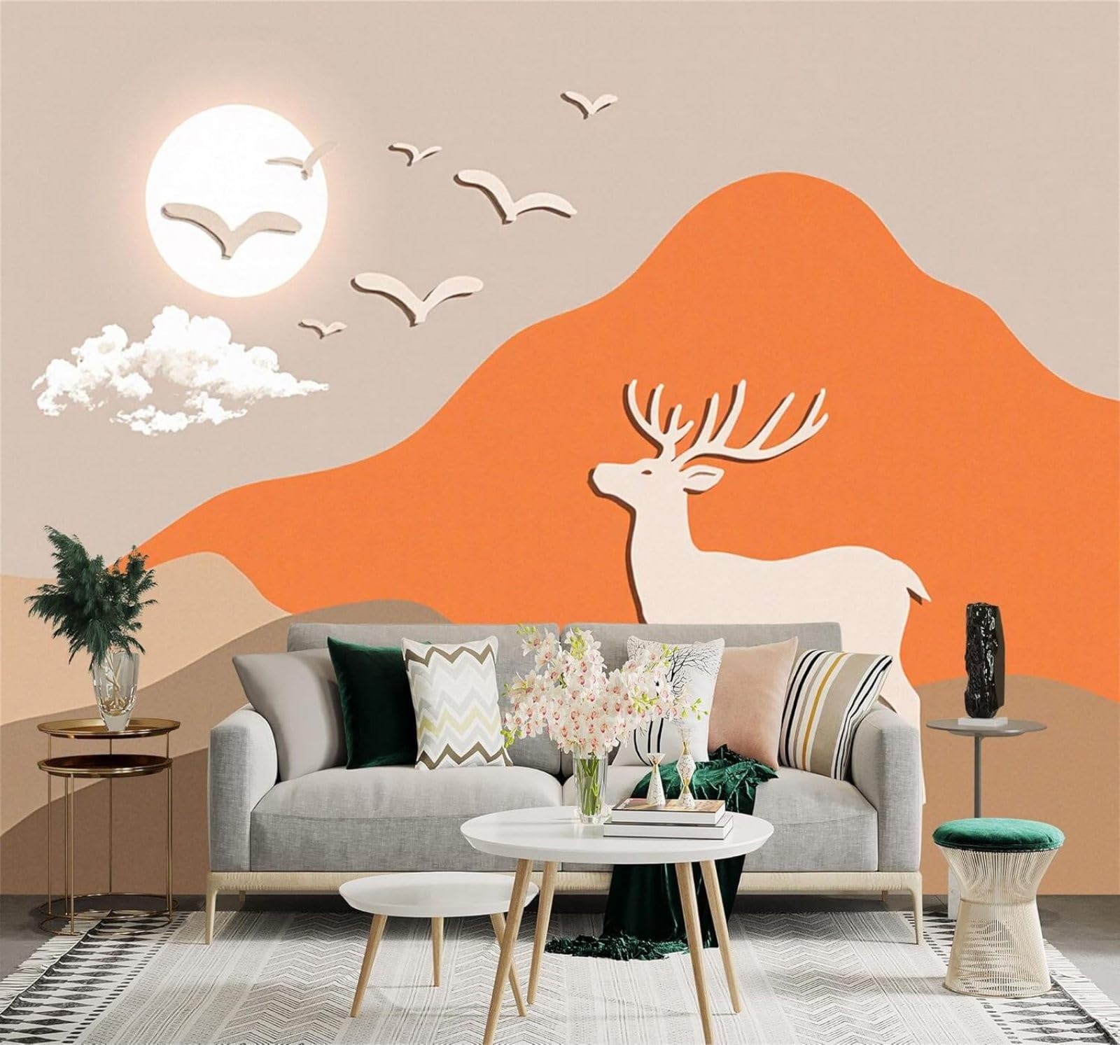 XLMING Minimalist Deer Mountain Peaks Sunset Birds in Flight 3D Wallpaper Silky Texture Home Study Office Grey Dining Room Sofa Bedroom Living Room TV Backdrop-400cm×280cm