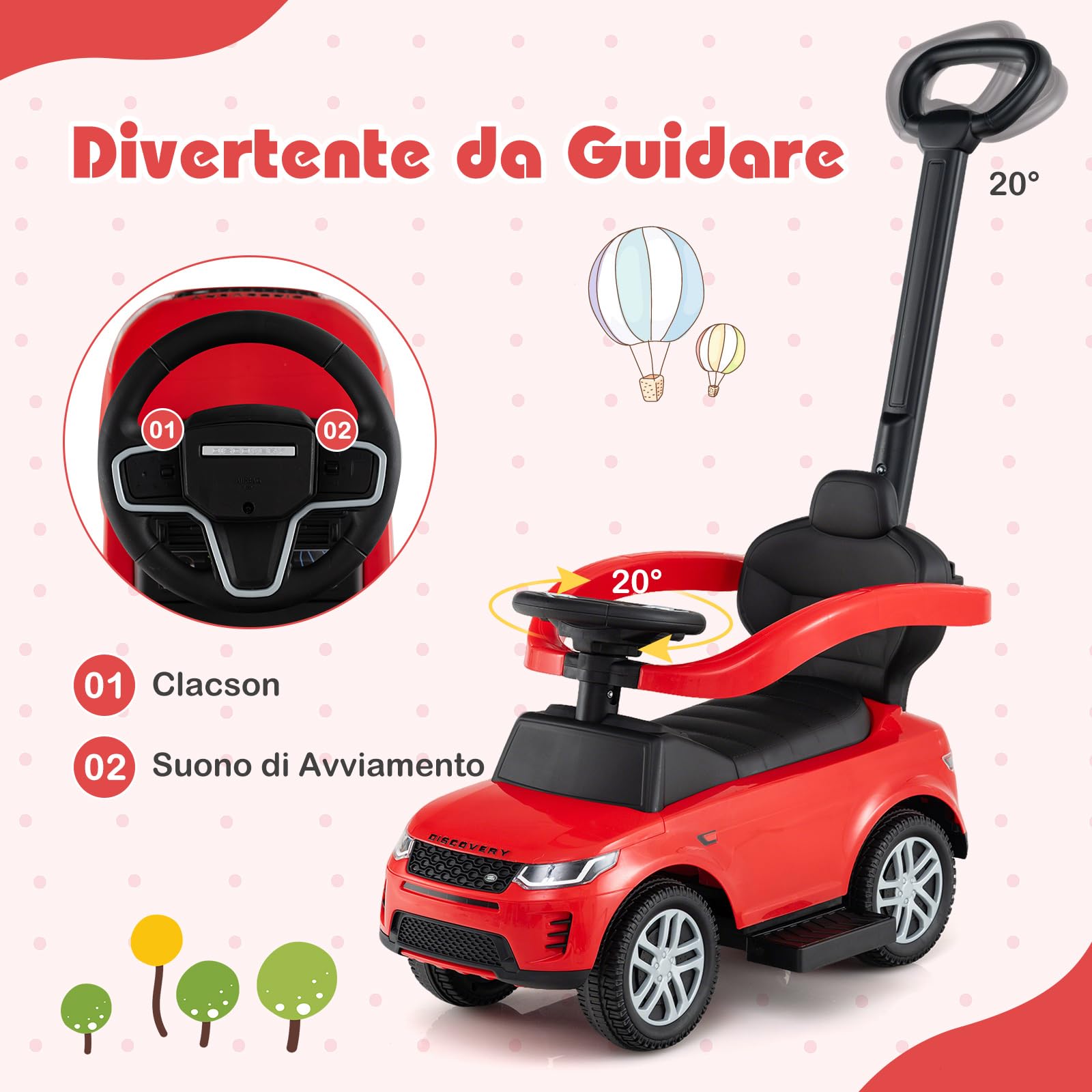 COSTWAY 3 in 1 Auto a Spinta, Macchinina a Pedale con Manico Removibile e Paracolpi, Clacson e Suodo di Avvio, Macchina Cavalcabile per Bambini 18-36 Mesi (Rosso)
