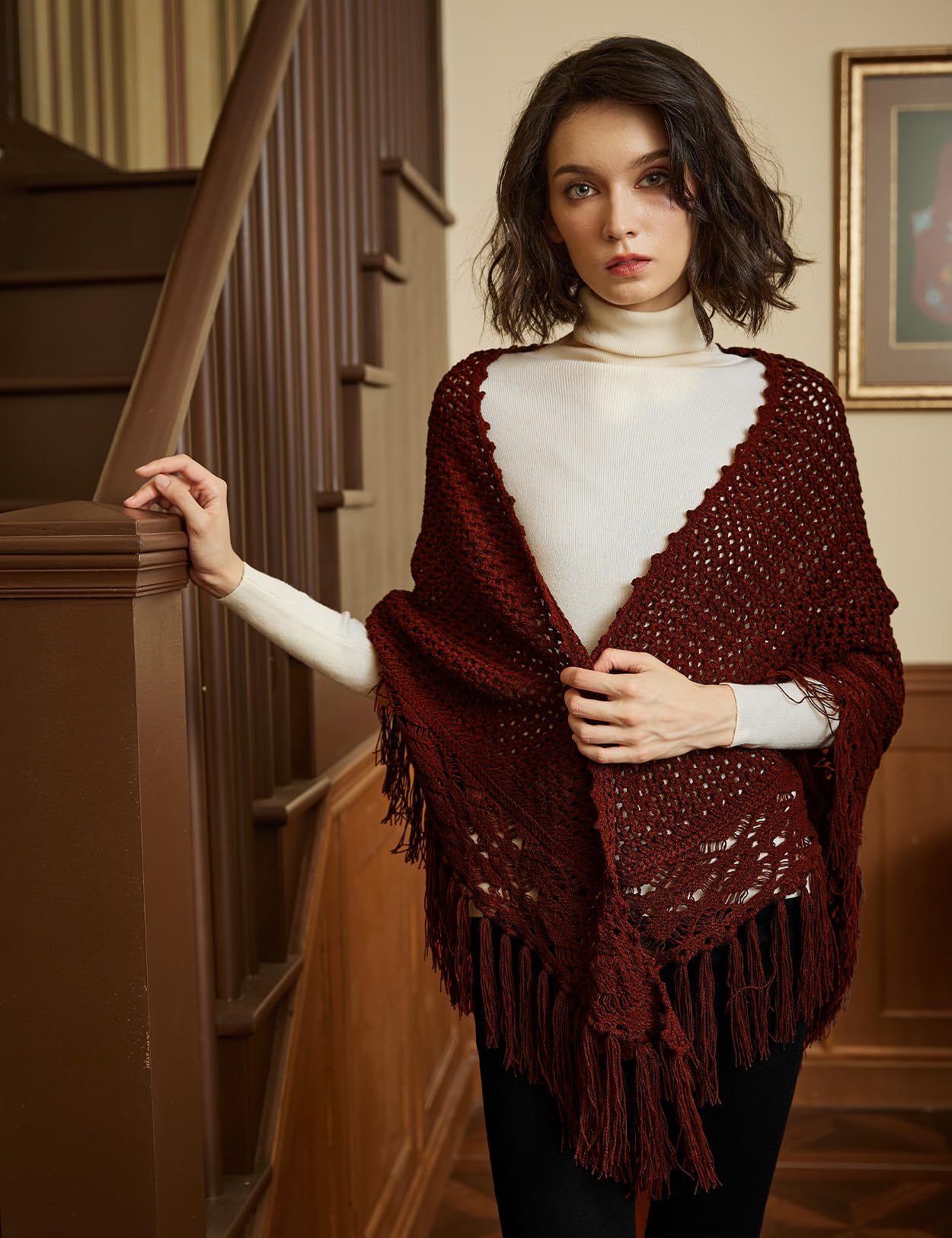 BEAUTELICATE Scialle all'uncinetto Donna Caldo Sciarpa Maglia Triangolare Lunga Frange Stole per Autunno Inverno