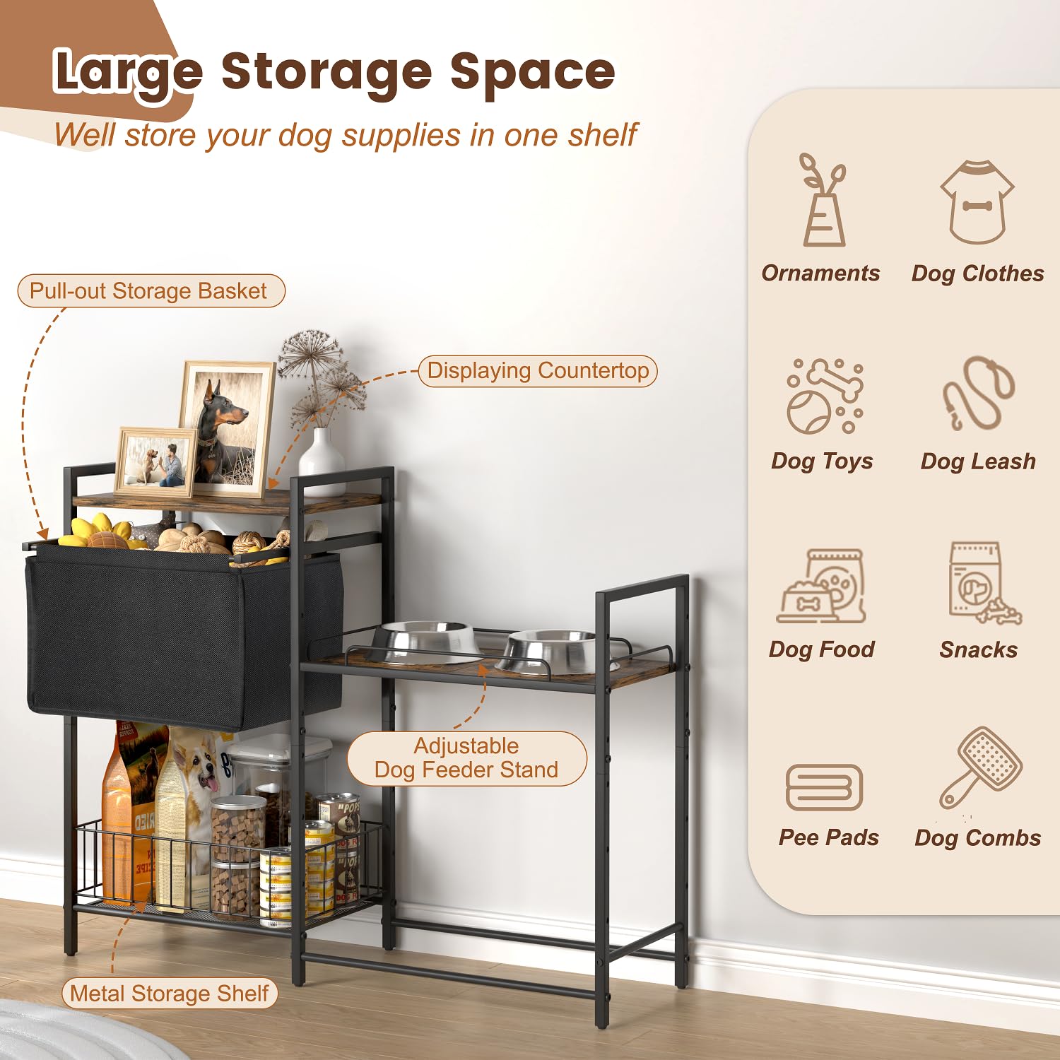 Lomivra Cuencos elevados para perros, soporte elevado para cuencos para perros con cesta de juguetes para perros, estación de alimentación para alimentos y agua, armario elevado para cuencos para
