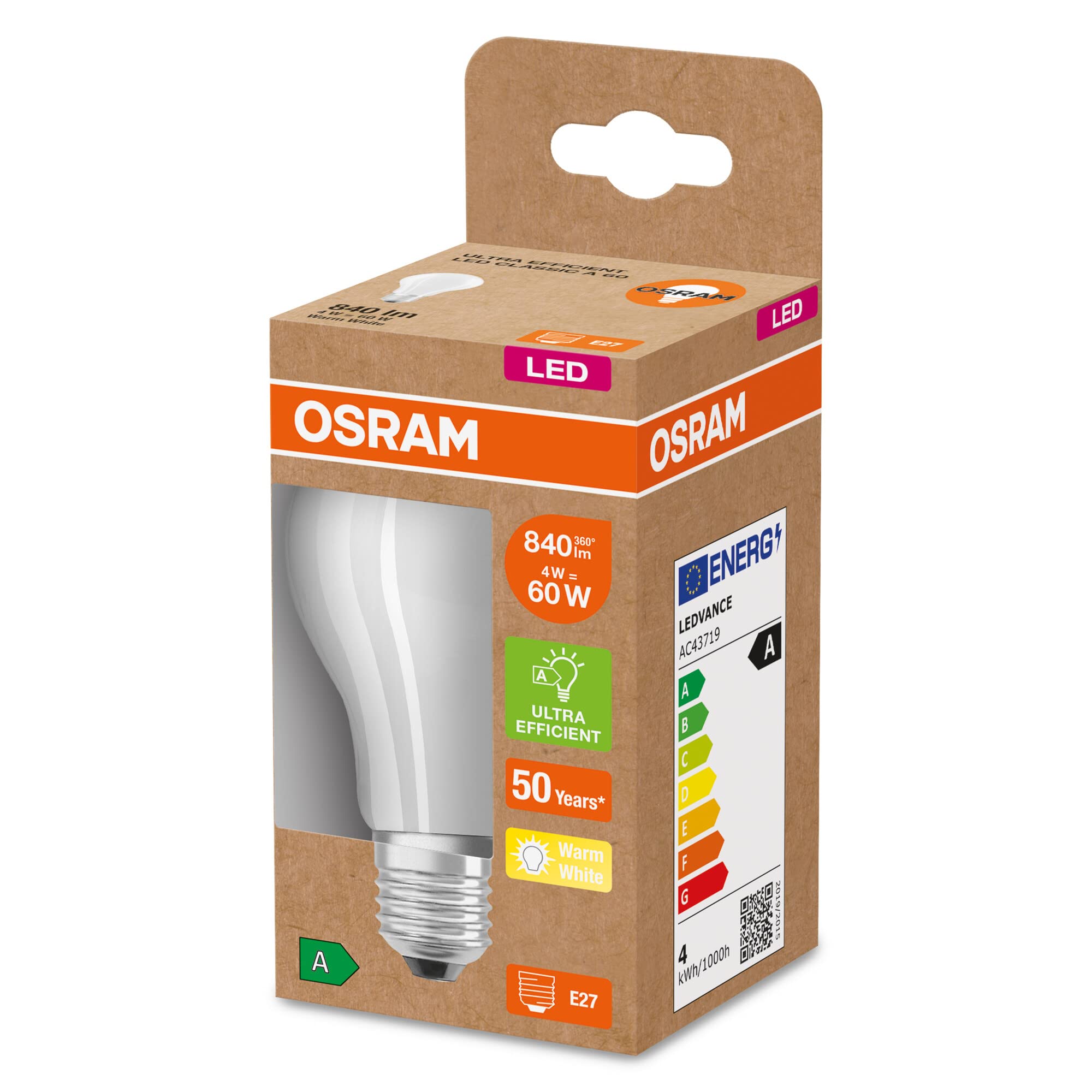 OSRAM Lampa LED Energooszczędna, Bańka ze Szkła Matowego, E27, Ciepła Biel 3000K, 4 W, Zastępuje Żarówkę 60W, Energooszczędna, 6 szt