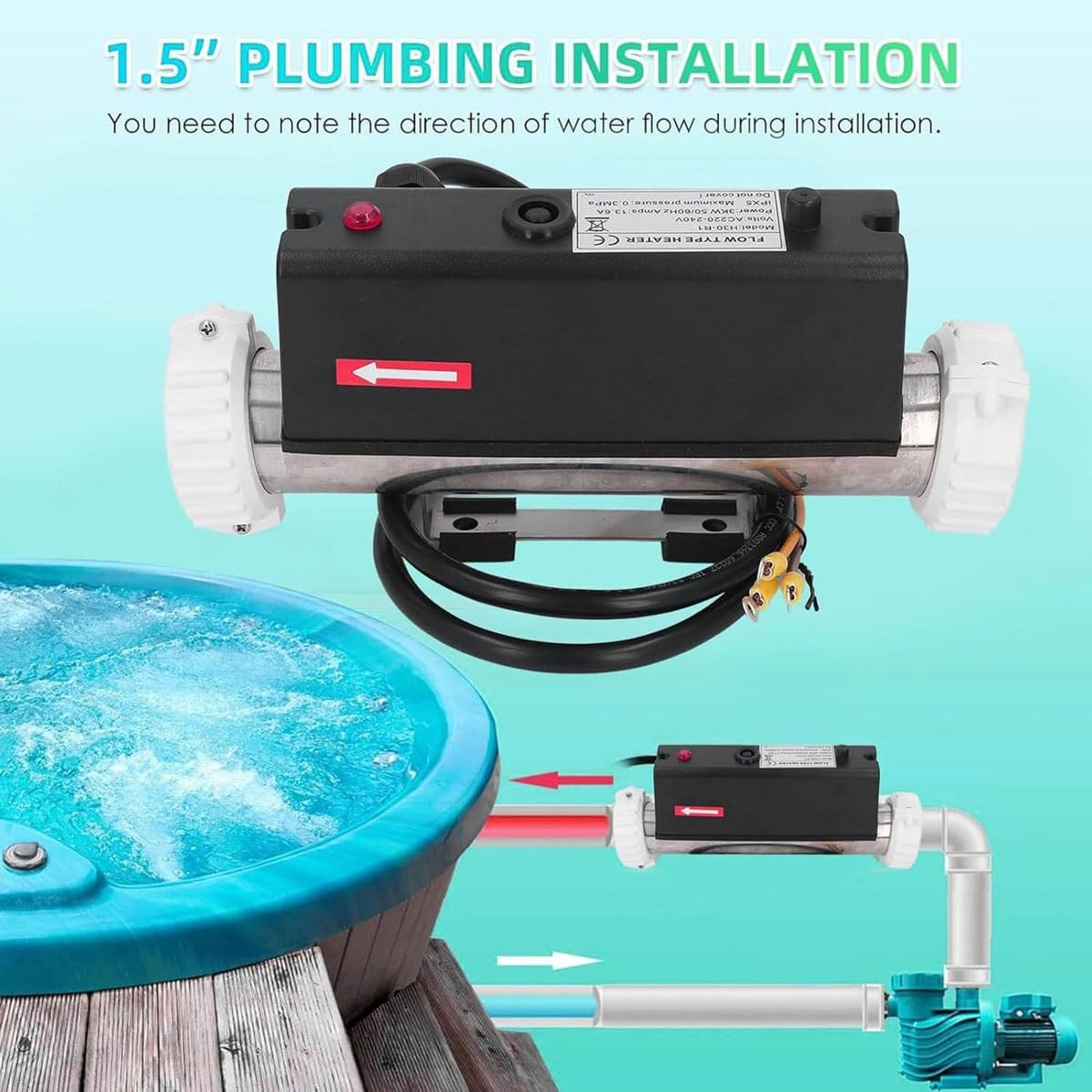 Riscaldatore elettrico per piscina, termostato da 1/1,5/2/3 kW, kit scaldabagno universale in linea per spa relax e piscine