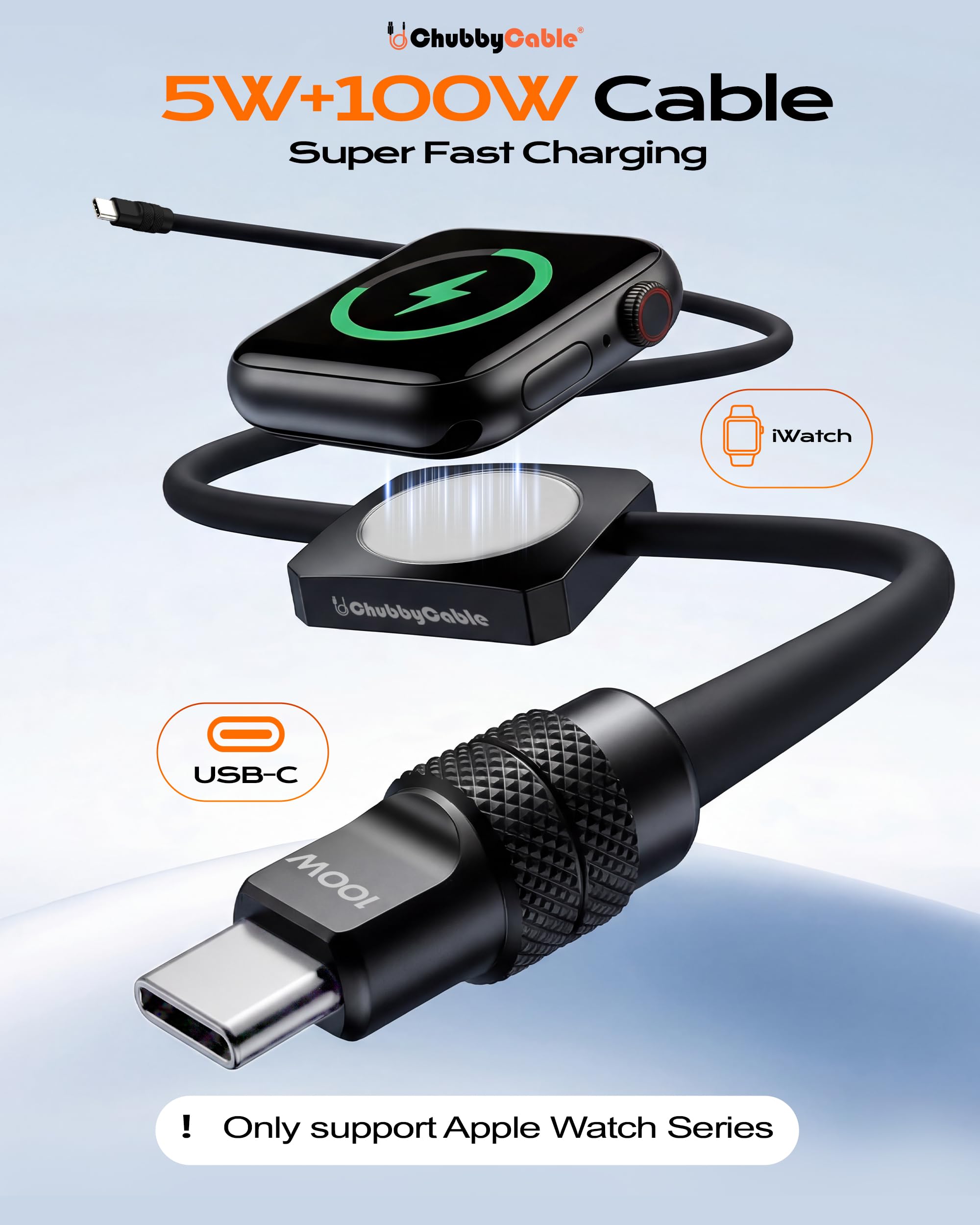 chubbycable Solo-Flex - Cavo USB-C 2 in 1, 100 W, ricarica rapida, 5 W, per Apple Watch, caricabatterie da 1,2 m, in silicone, compatibile con iWatch, AirPods, iPhone, iPad, MacBook, colore: nero