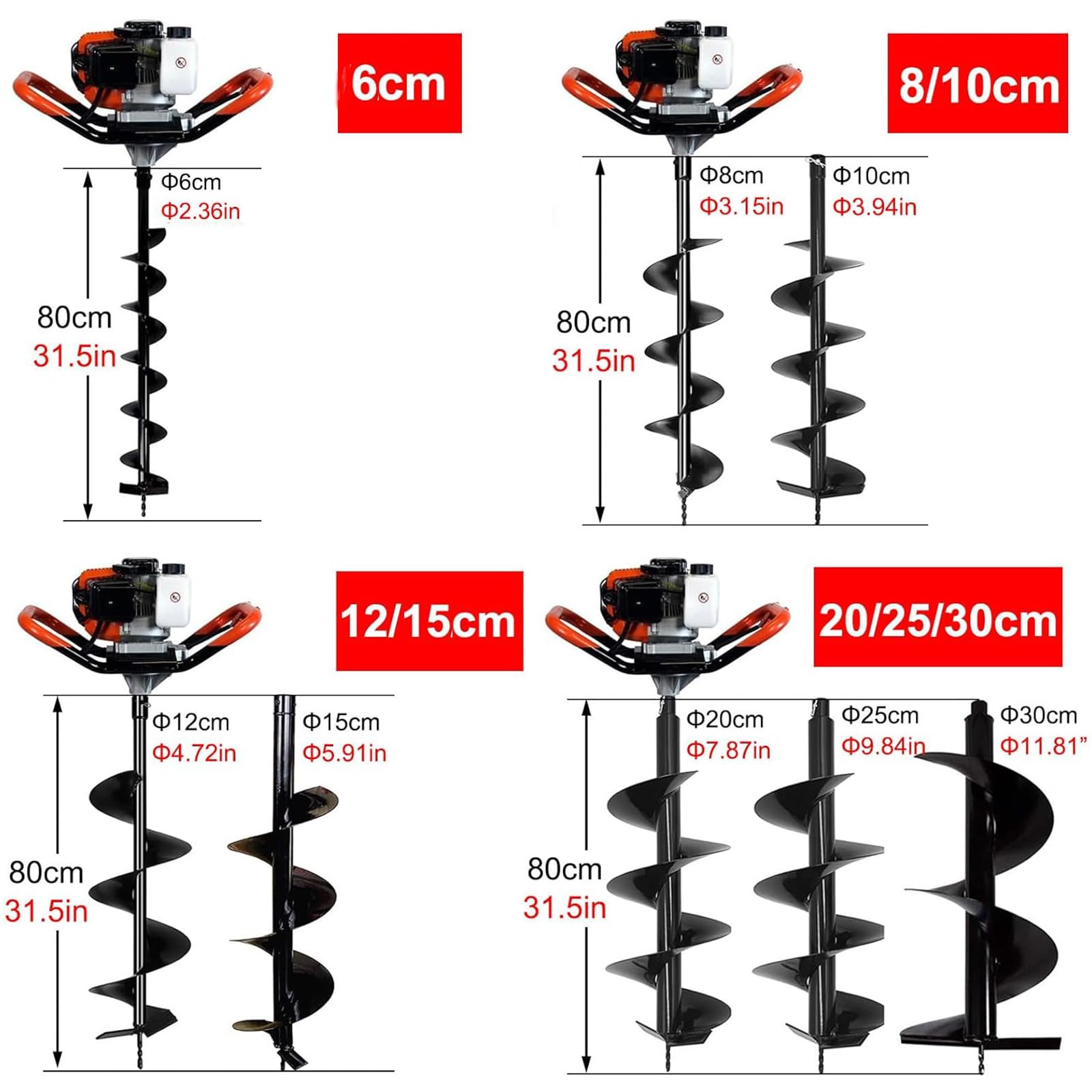 Excavadora Postes Gasolina 4 Tiempos, 1500W/12000r/min, barrena Tierra a Gasolina, barrena Tierra inalámbrica, excavadoras para Postes cercas, Tierra jardín y árboles, 8 Tipos Brocas. 6cm