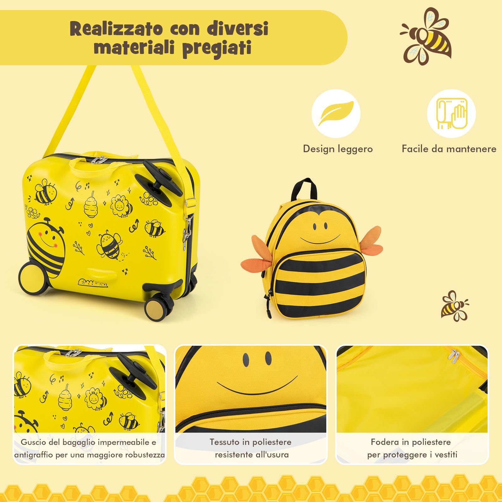 RELAX4LIFE Set Valigia Cavalcabile/Trolley per Bambini 18‘’ con Zaino 12‘’, 4 Ruote Girevoli, Maniglia Retrattile 56cm, 2 Cingie Multiuso, Zaino: 26x30cm/Trolley:47x26,5x36,5cm (Giallo)